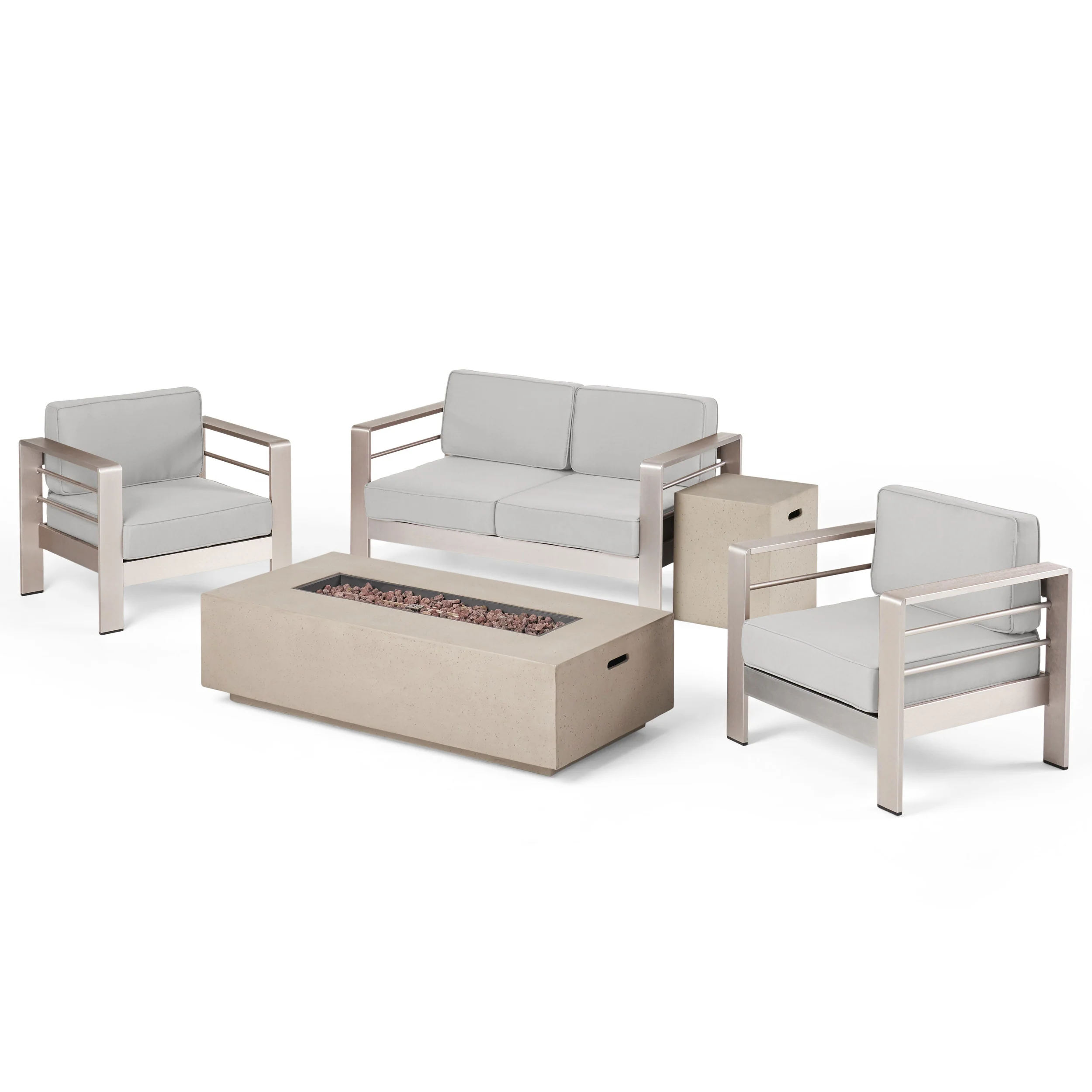 Crested Bay 5pc Modern Outdoor Aluminum Sofa & Chairs Set With Fire Pit - furnishings