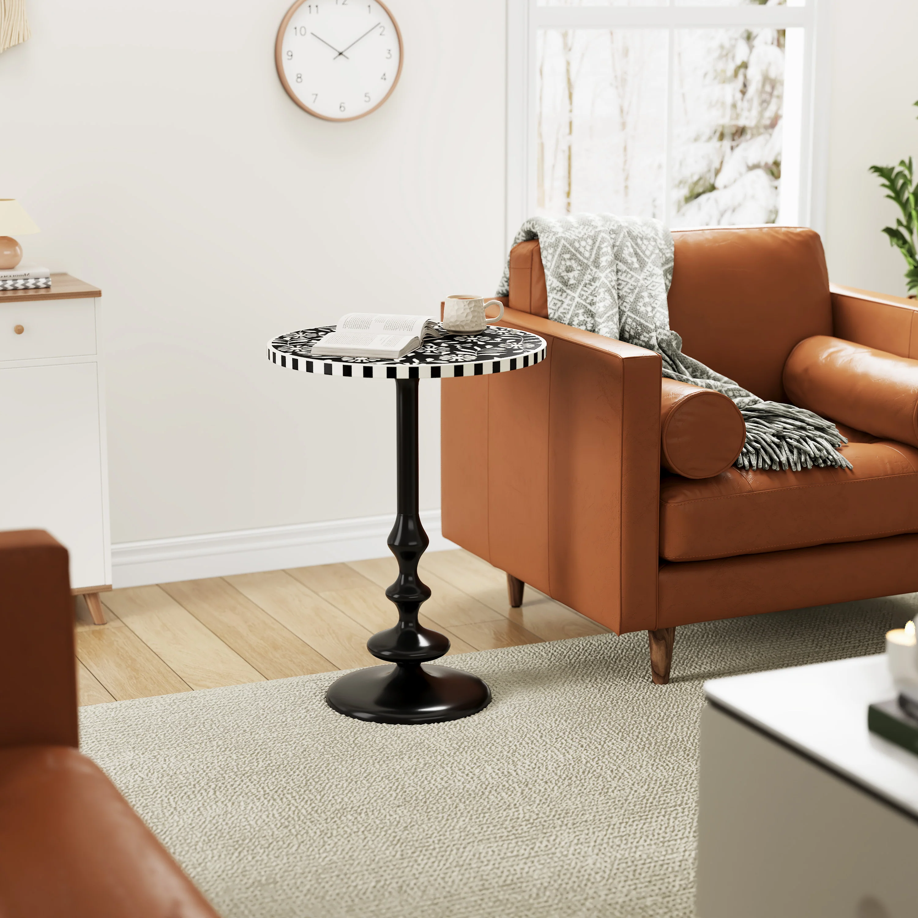 Civona Round End Table Side Table with Geometric Patterned Top - furnishings