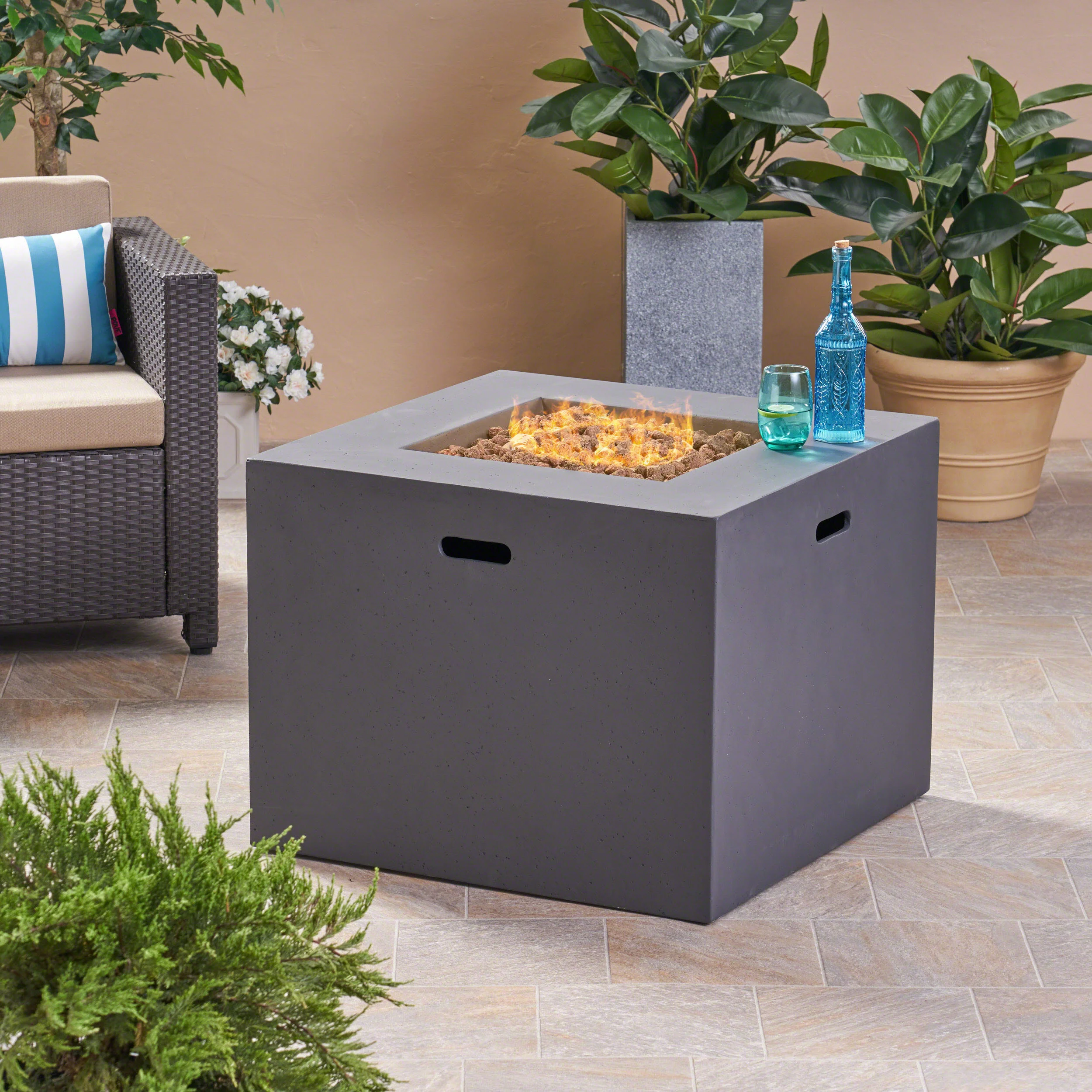Leo Outdoor 31-inch Square Light Weight Concrete Gas Burning Fire Pit - furnishings