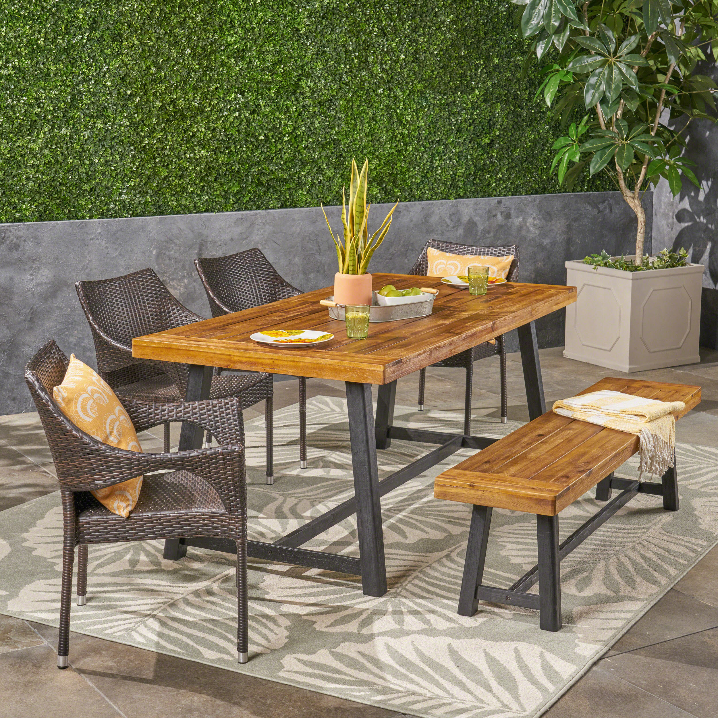 Barron Outdoor 6 Piece Dining Set with Wicker Chairs and Bench, Sandblast Teak and Multi Brown and Cream - furnishings