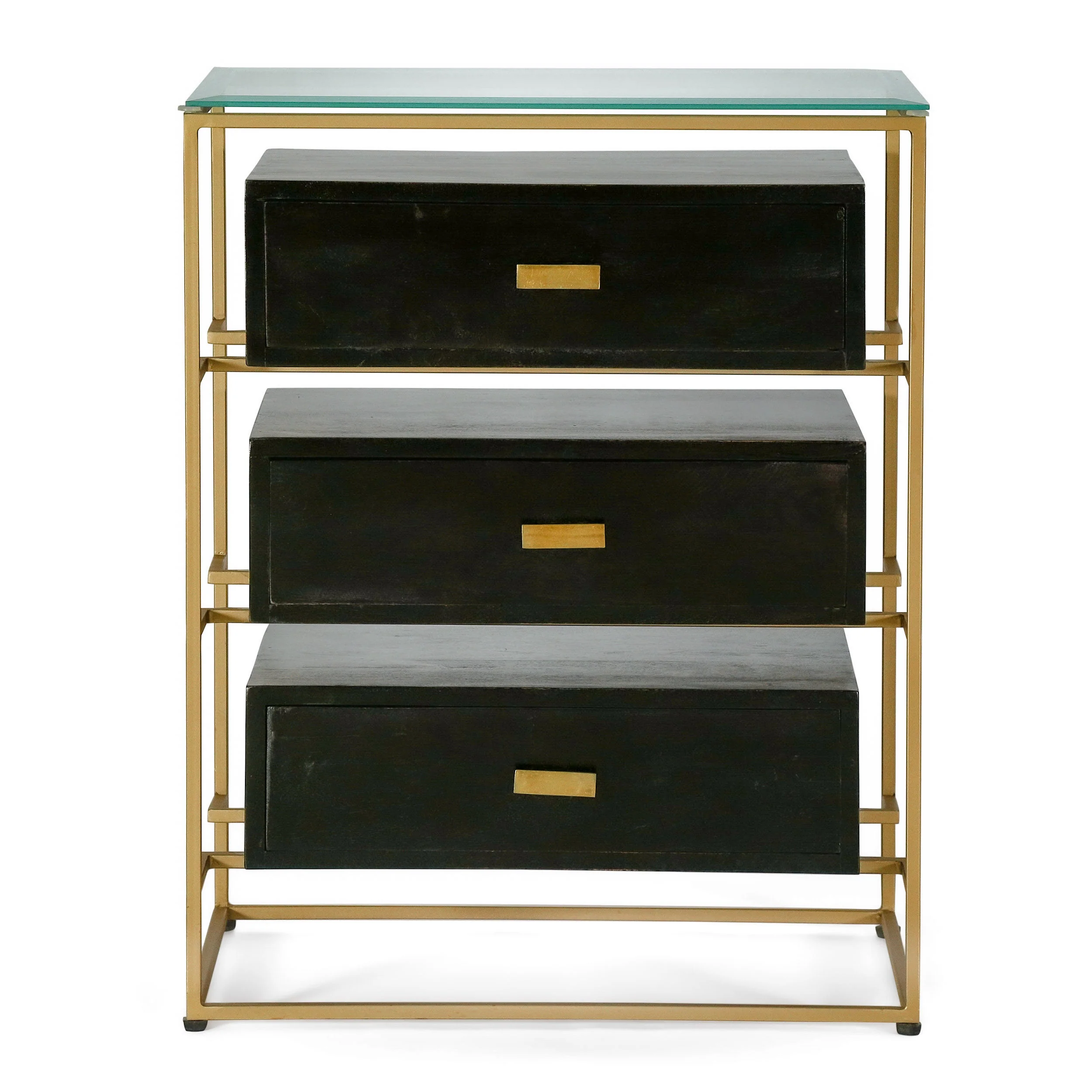 Sonne Modern Handcrafted 3 Drawer Glass Top Nightstand, Black and Brass - furnishings
