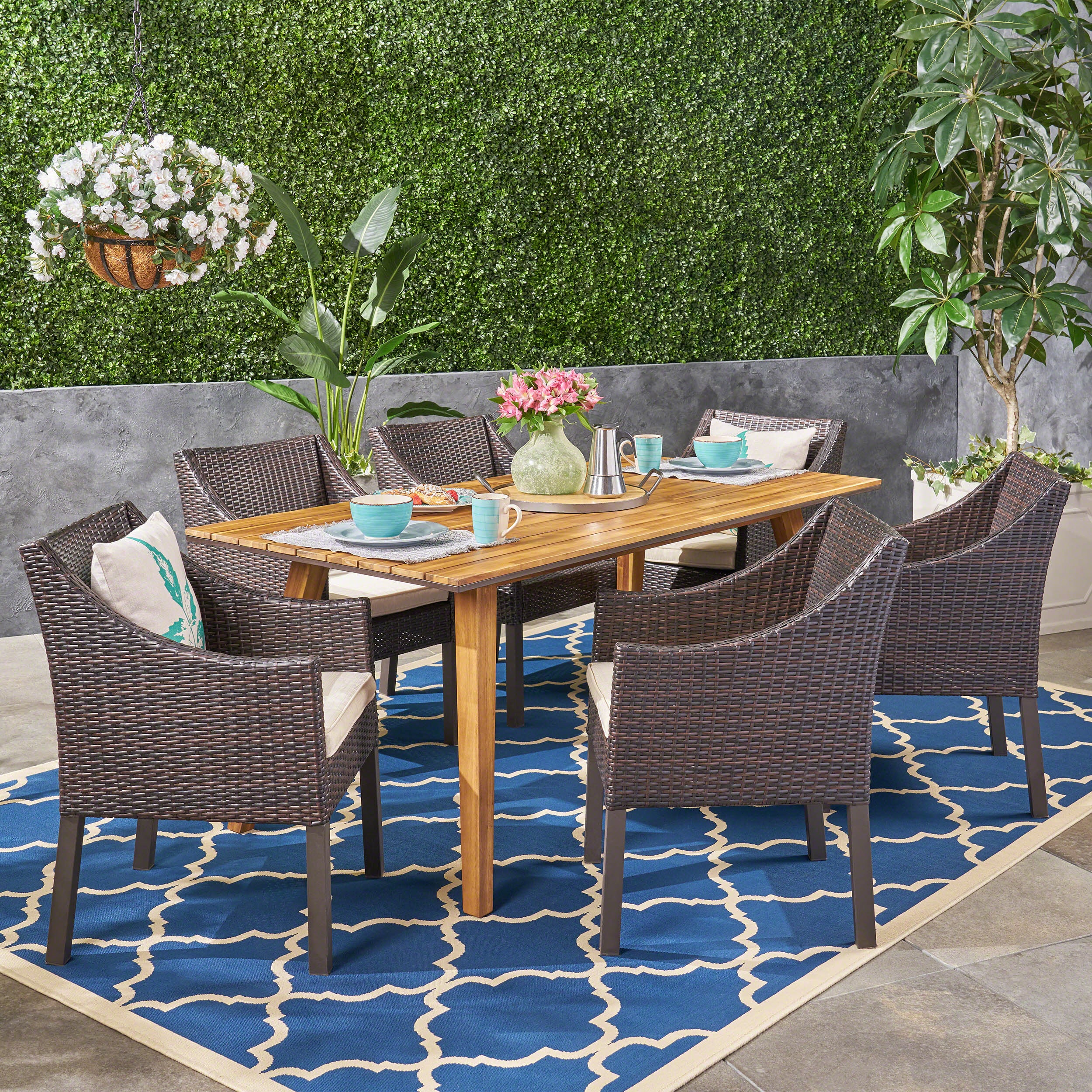 Hedy Outdoor 7 Piece Acacia Wood Dining Set with Wicker Chairs, Teak and Multi Brown and Beige - furnishings