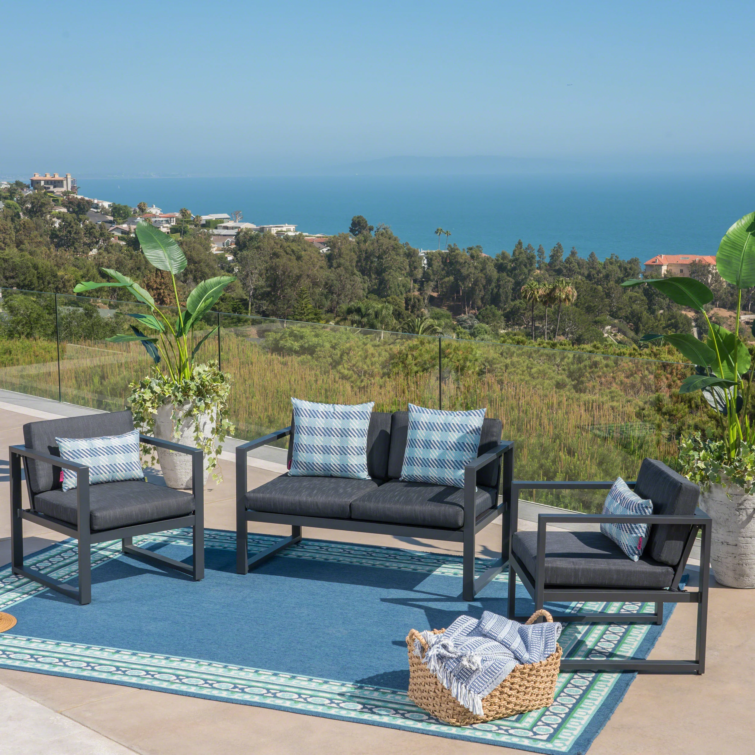 Navan Outdoor 4 Seater Aluminum Chat Set, Silver with Dark Grey Cushions - furnishings