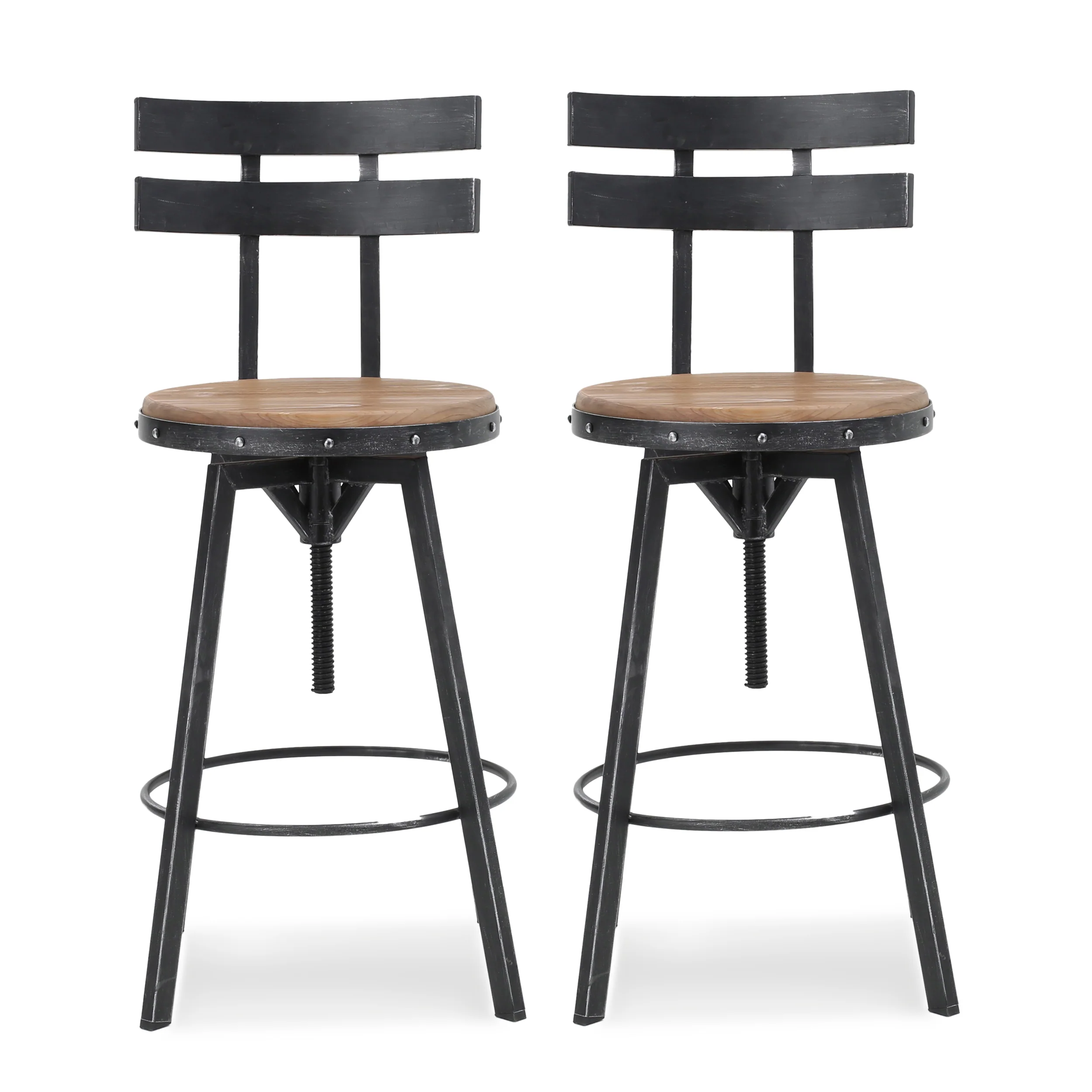 Vernon Modern Industrial Firwood Adjustable Height Swivel Barstools, Set of 2, Antique and Black Brushed Silver - furnishings