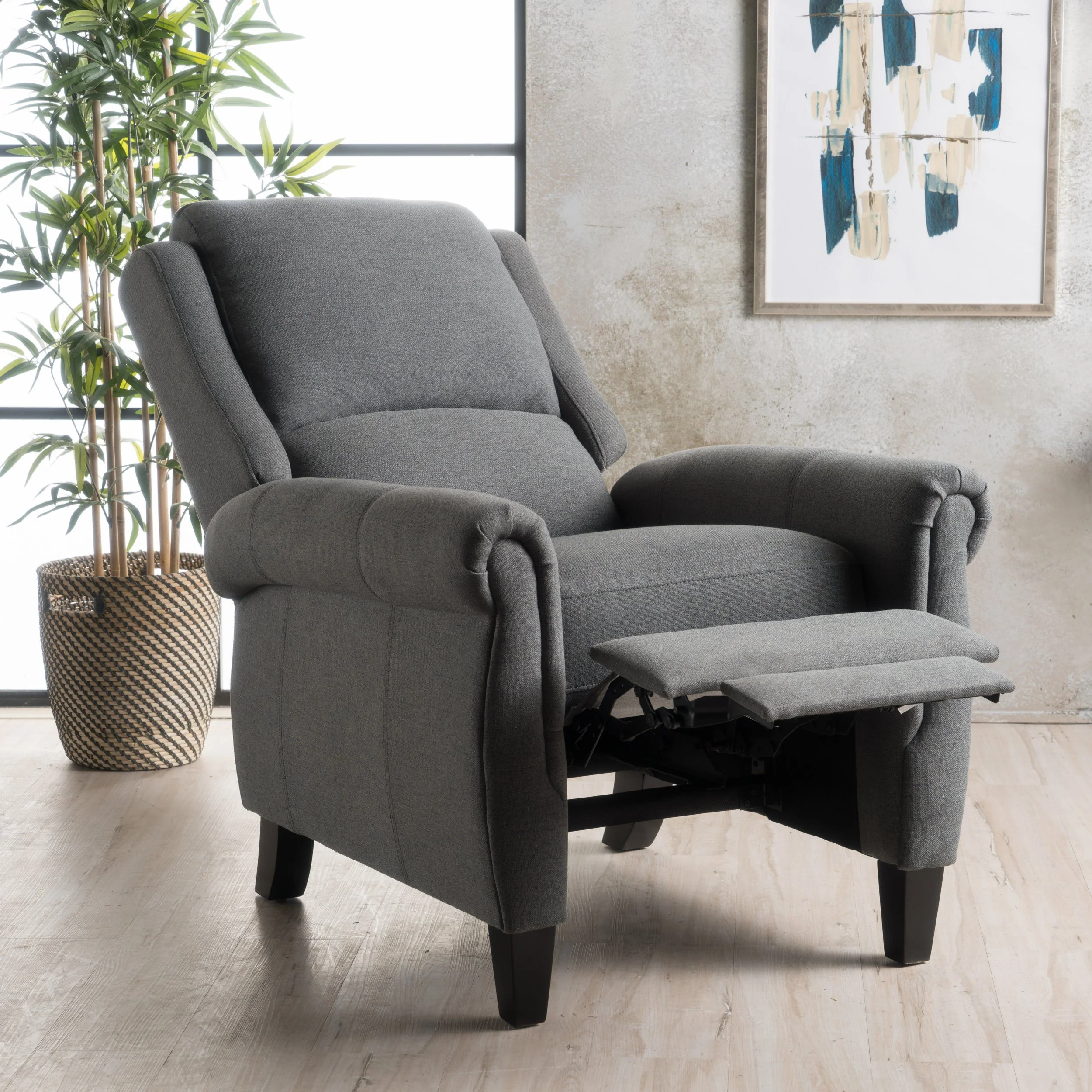 Harrah Charcoal Fabric Upholstered Push-Back Recliner with Scrolled Arms - furnishings