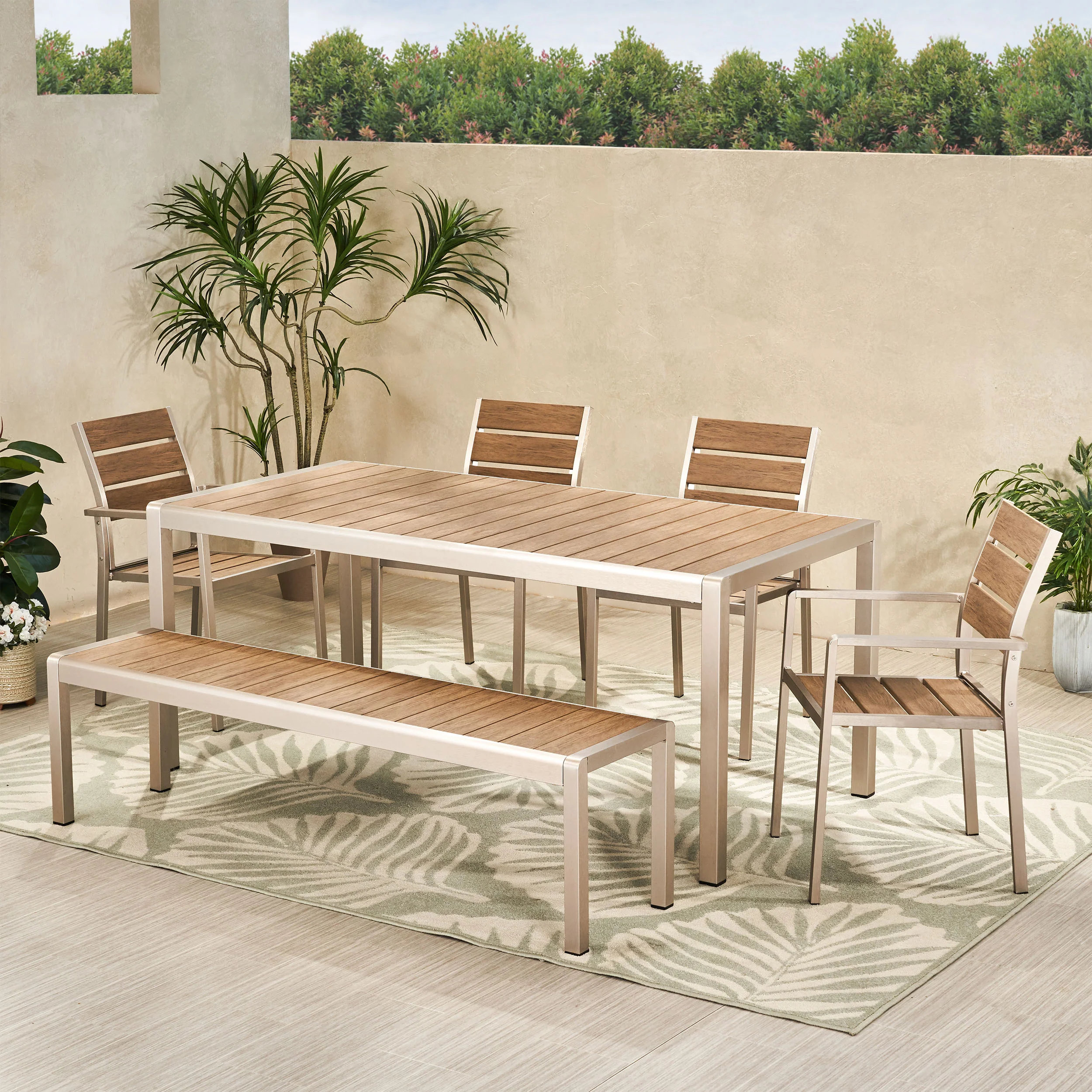 Cherie Outdoor Modern Aluminum 6 Seater Dining Set with Dining Bench - furnishings
