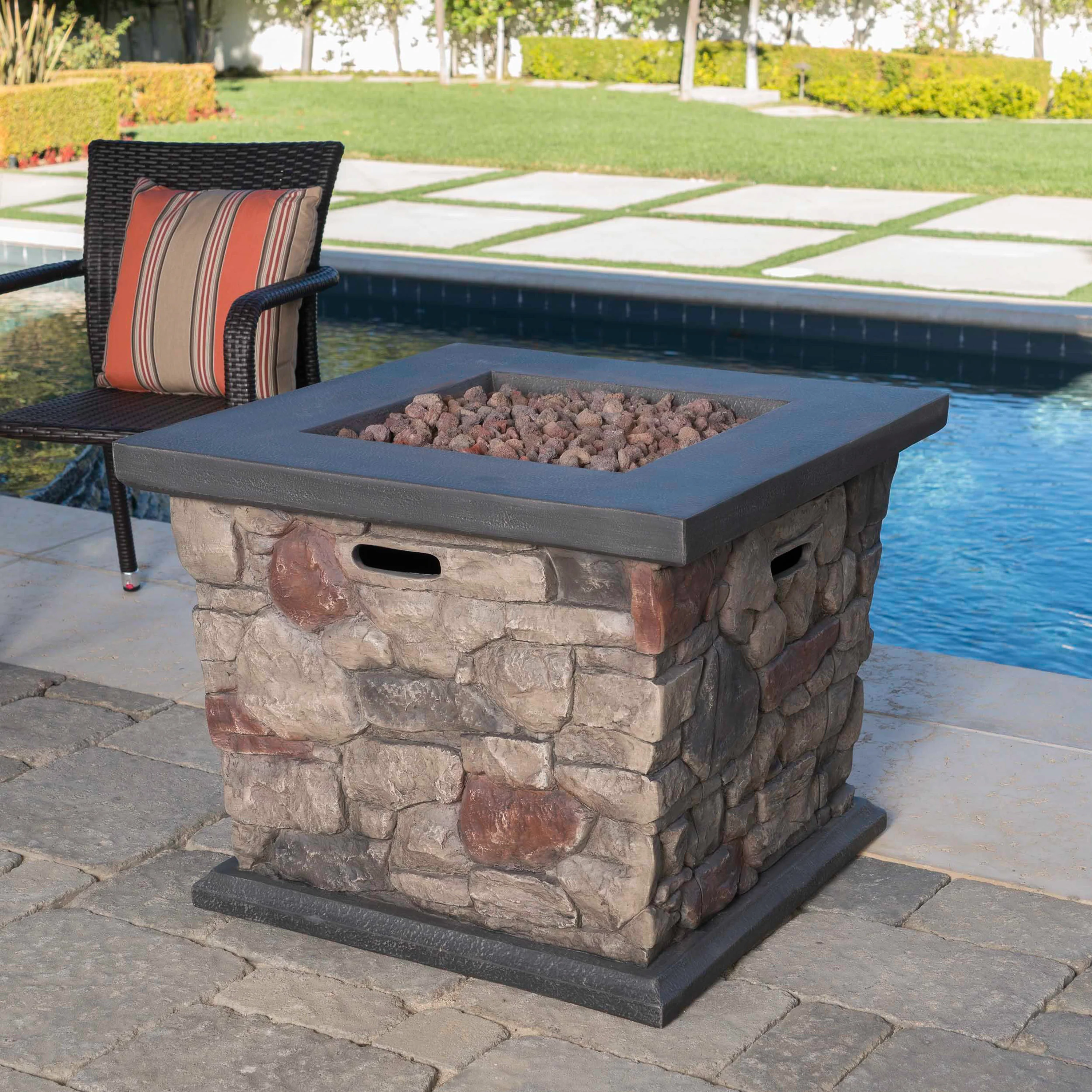 Alyna Outdoor Stone Finished Square Fire Pit - 40000 BTU - furnishings