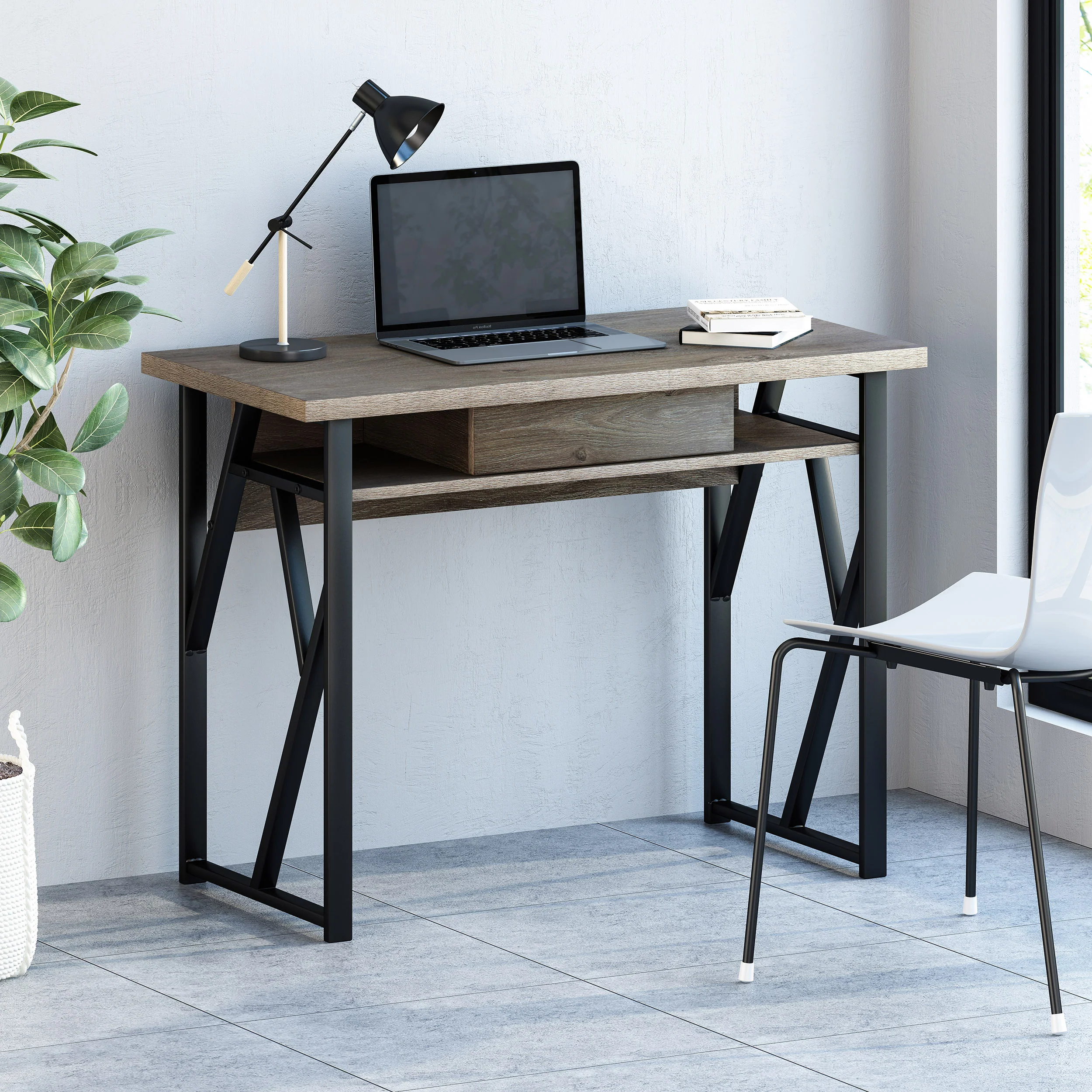 Janet Modern Industrial Iron Frame Writing Desk with Drawer - furnishings