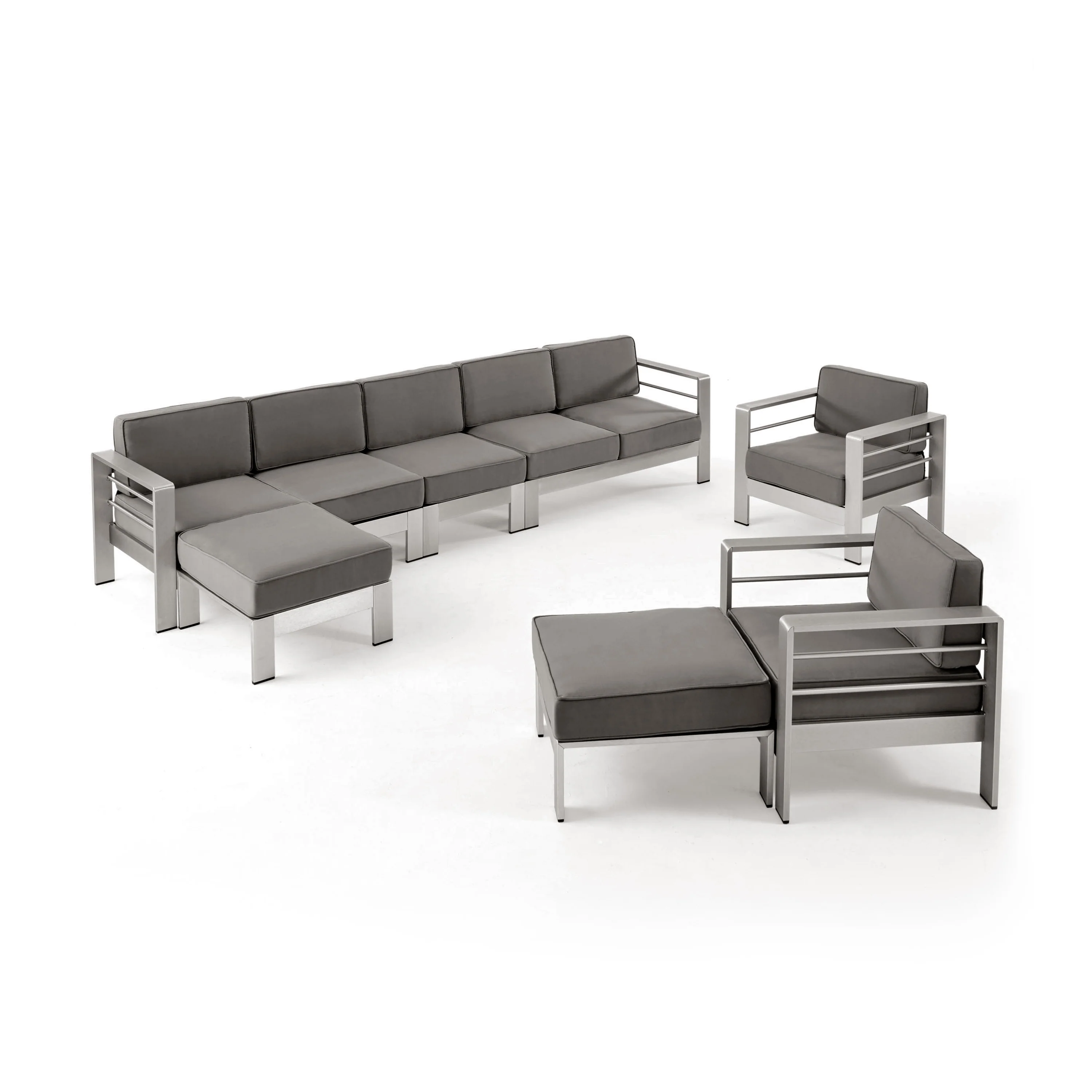 Danae Outdoor Modern 7 Seater Aluminum Chat Set with Ottomans, Silver and Khaki - furnishings