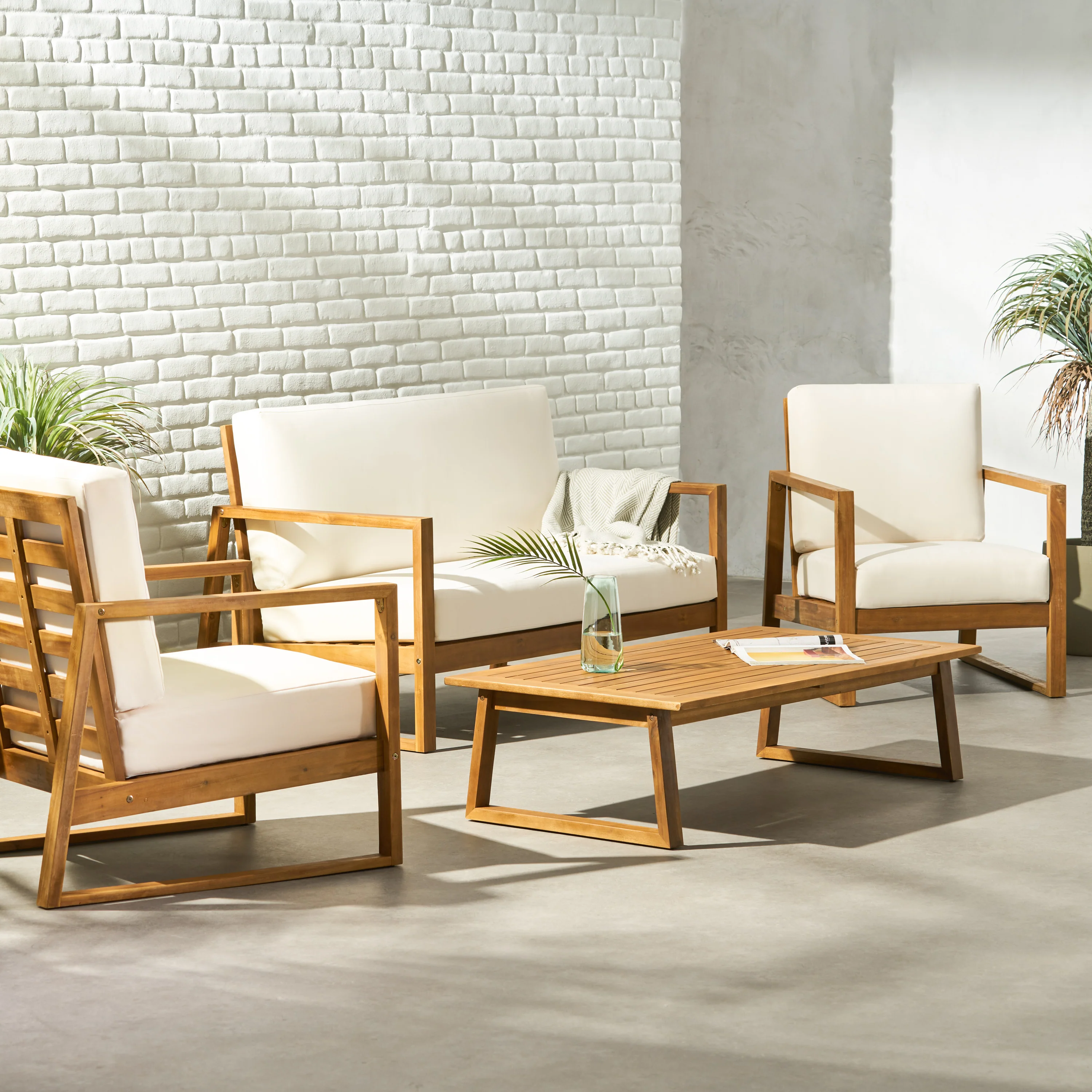 Marlee Outdoor Acacia Wood 4 Seater Chat Set with Coffee Table - furnishings