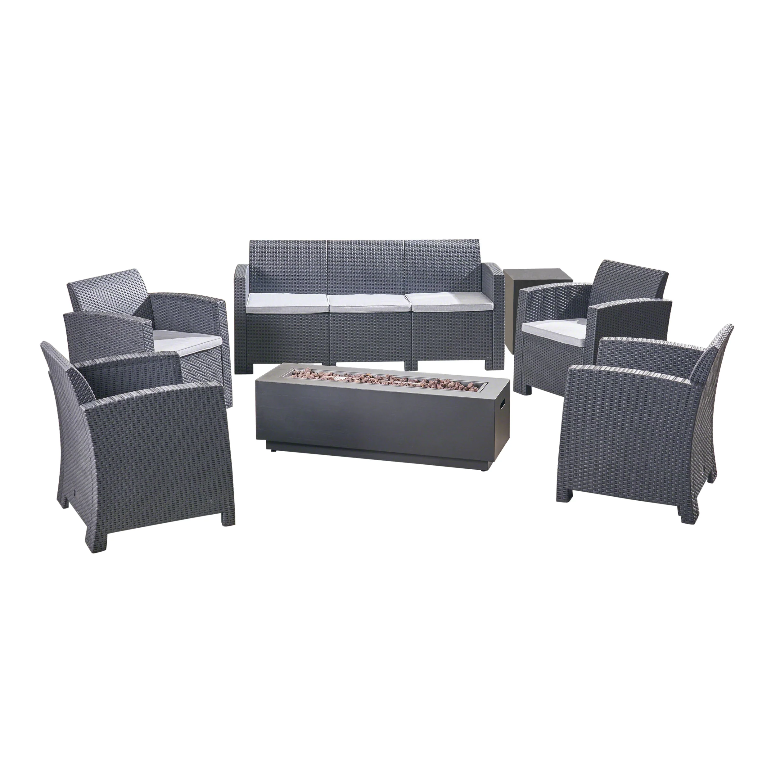 Dane Outdoor 7-Seater Wicker Print Chat Set with Fire Pit and Tank Holder, Charcoal with Light Gray and Dark Gray - furnishings