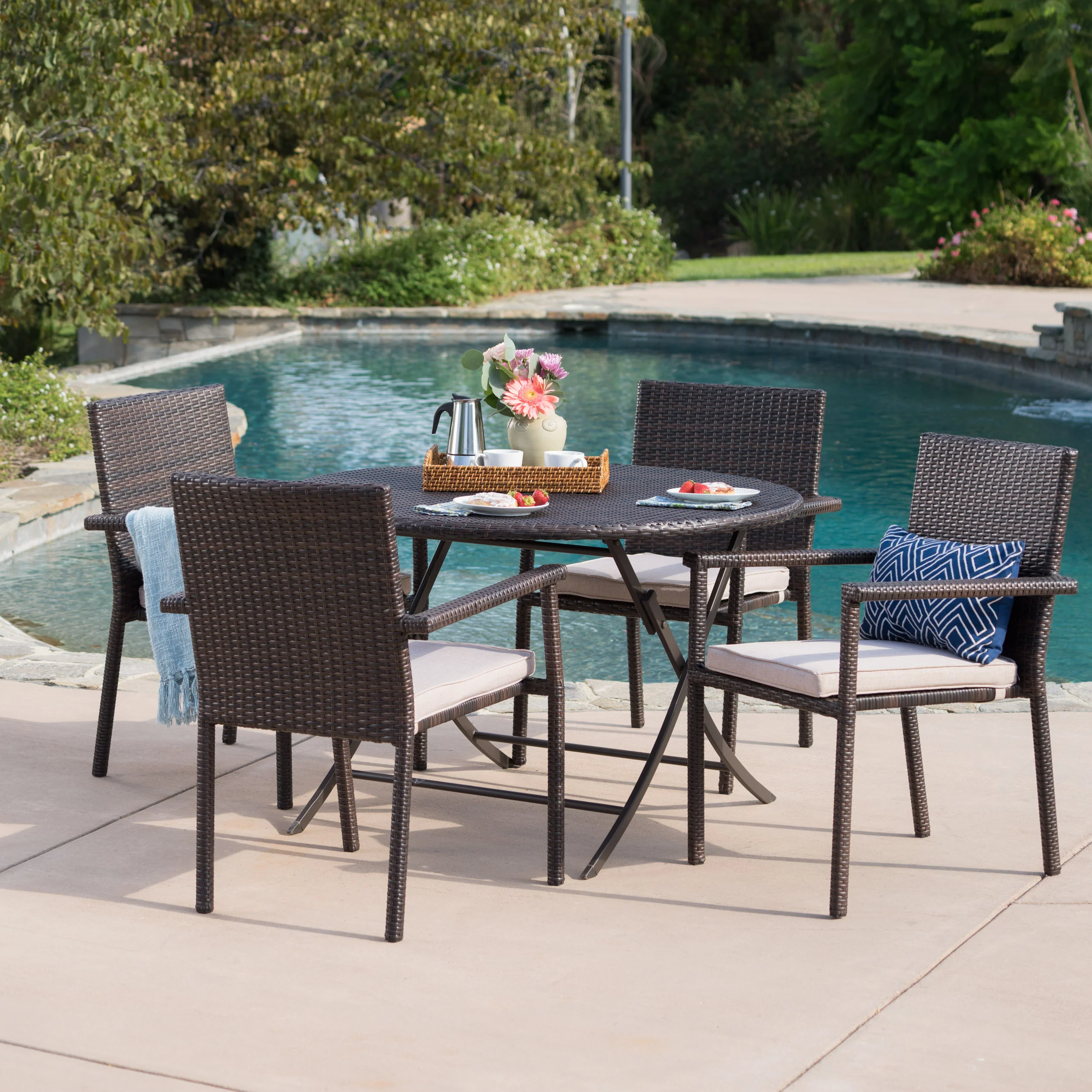 Adelante Outdoor 5 Piece Multi-brown Wicker Dining Set with Foldable Table - furnishings