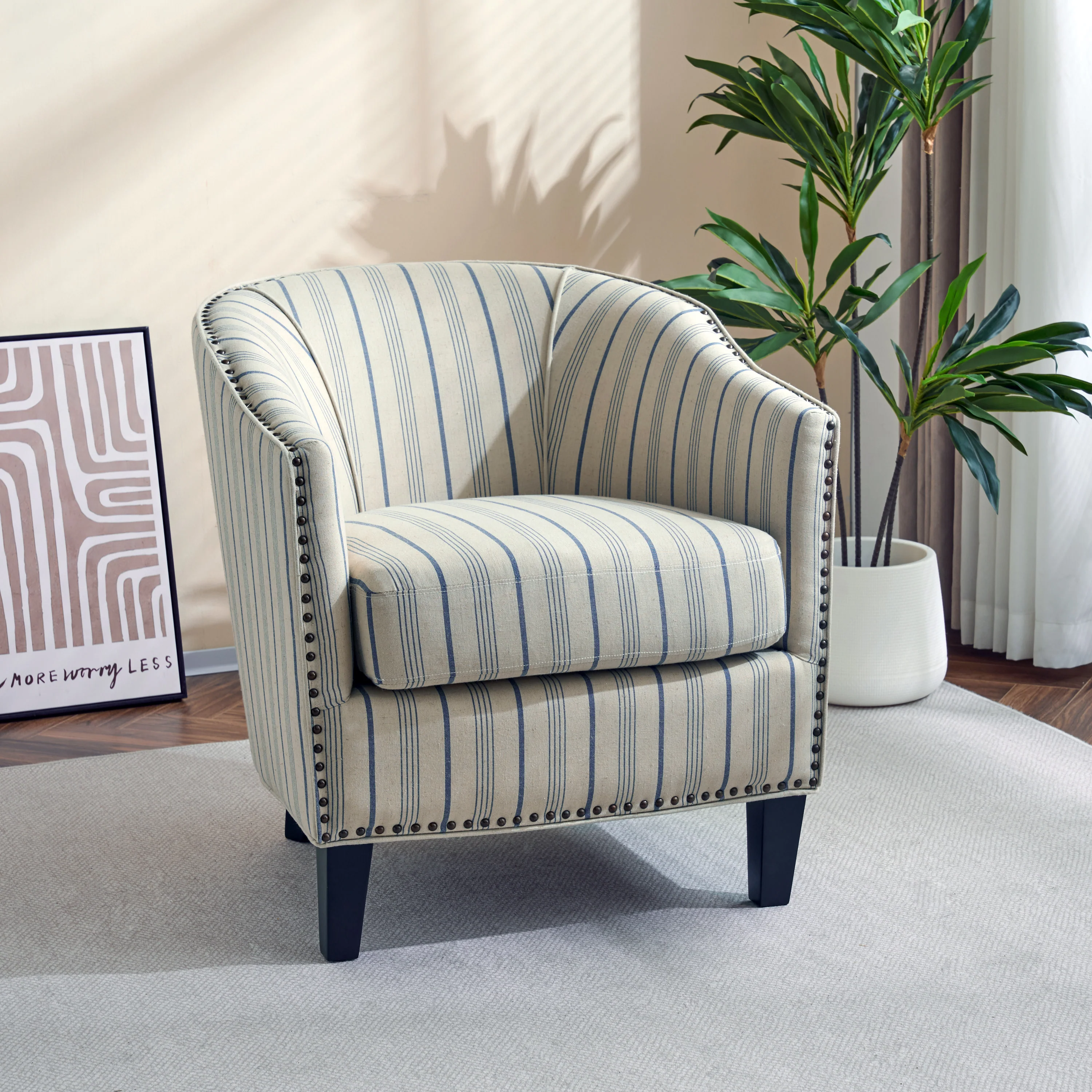 Hawthorne Beige and Blue Stripe Fabric Arm Chair (Set of 1) - furnishings