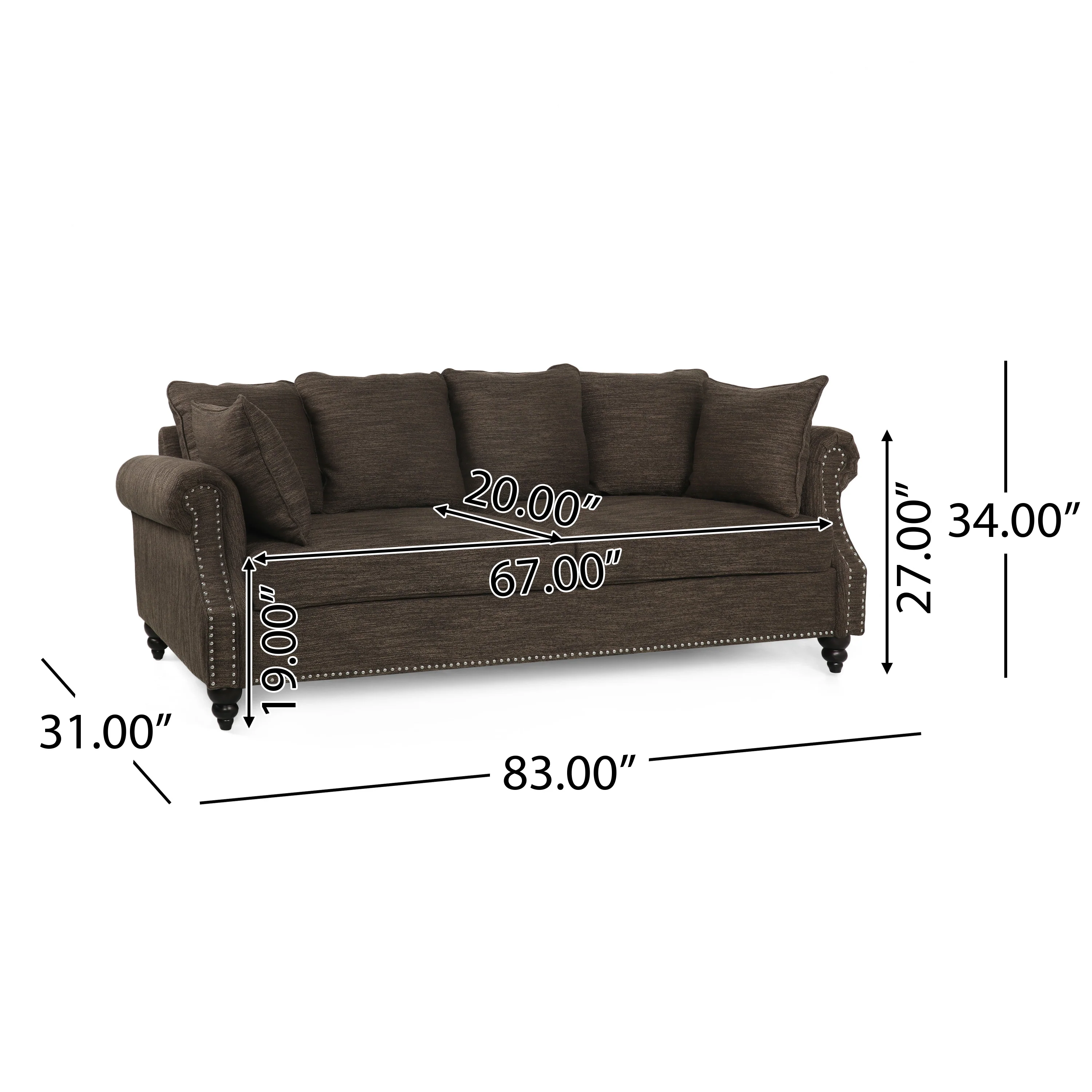 Bonny Contemporary Fabric Pillowback 3 Seater Sofa with Nailhead Trim - furnishings