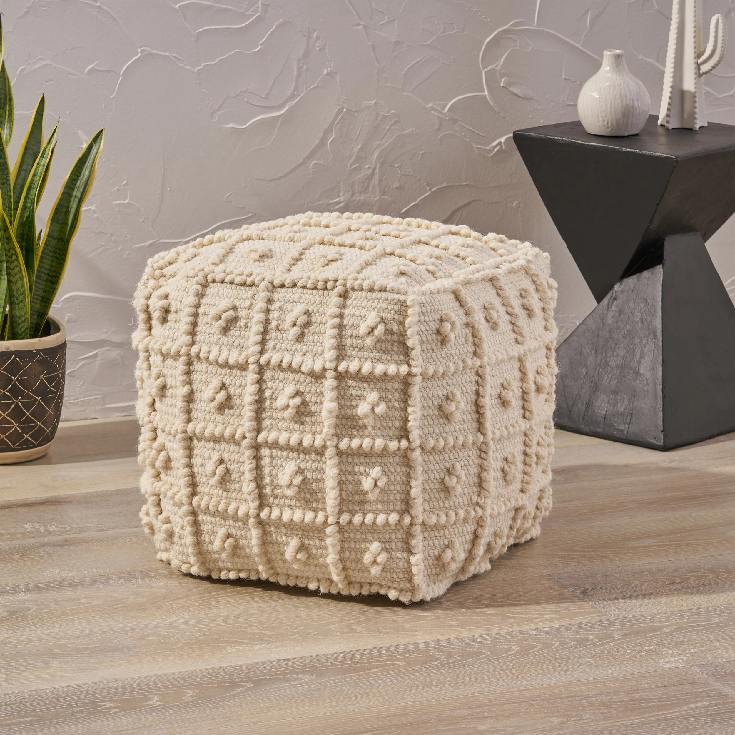 Sarahbella Boho Wool and Cotton Ottoman Pouf - furnishings