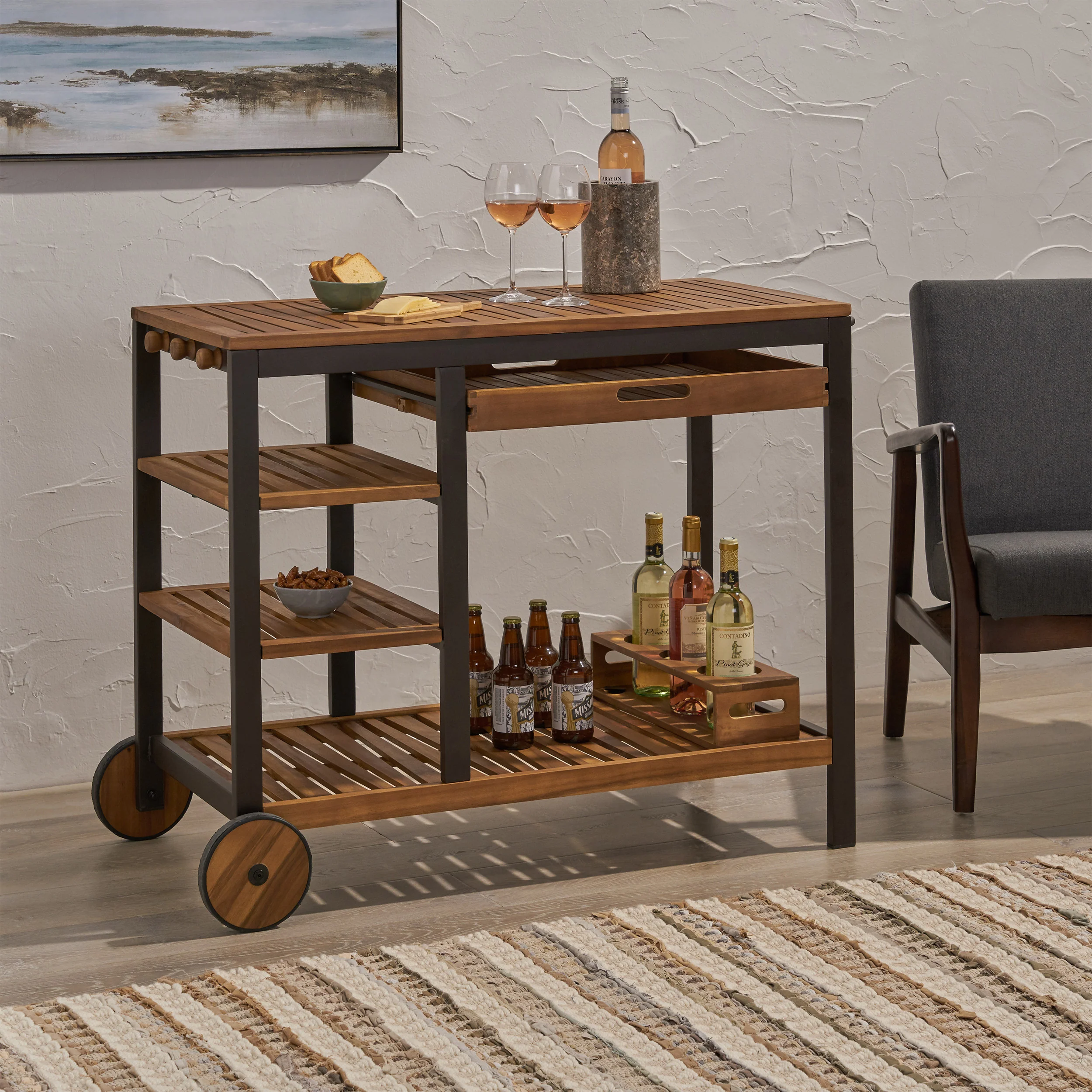 Ishtar Indoor Wood and Iron Bar Cart with Drawers and Wine Bottle Holders - furnishings