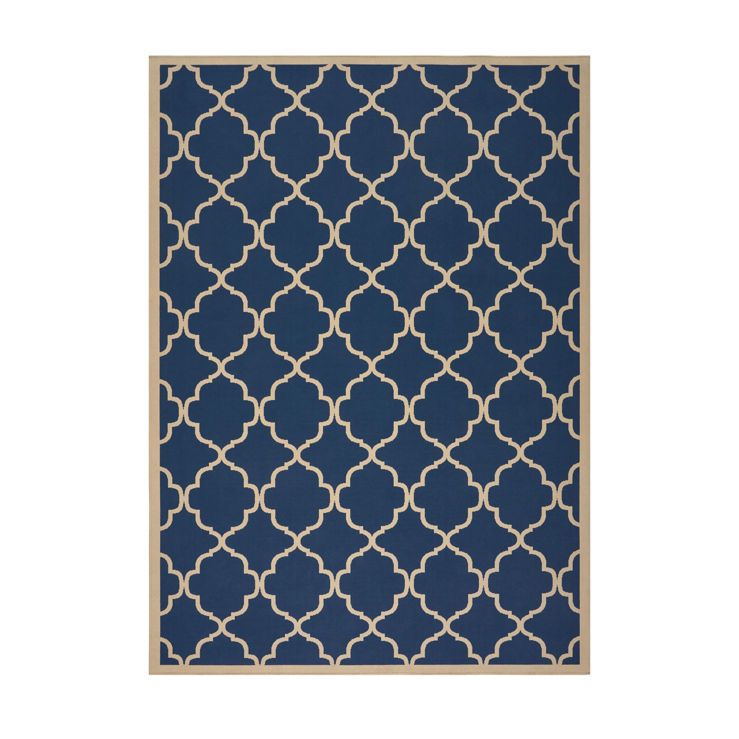 Hazel Outdoor Modern Navy Blue Area Rug with Ivory Quatrefoil Pattern - furnishings