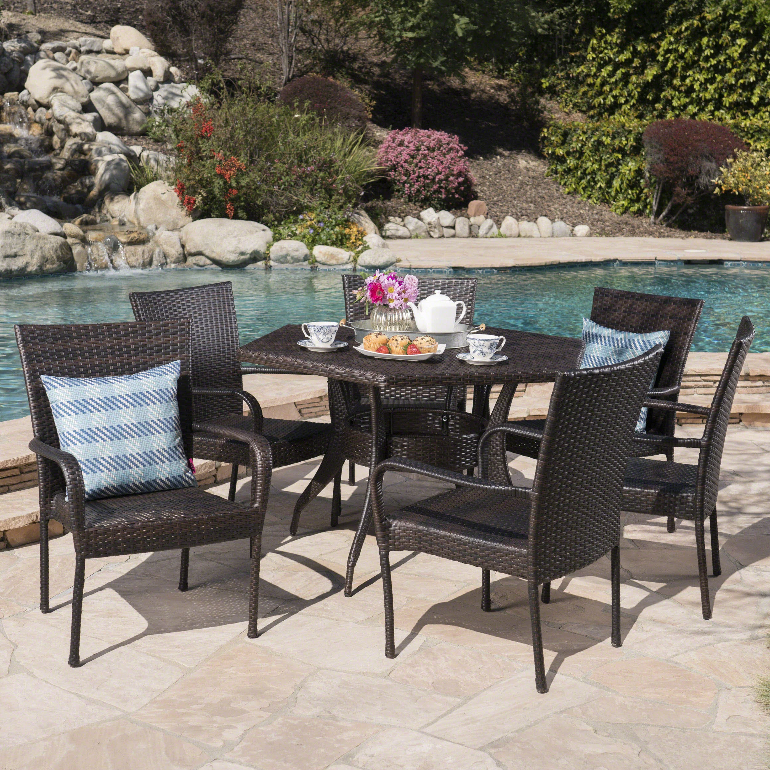Basil Outdoor 7 Piece Wicker Hexagon Dining Set with Stacking Chairs - furnishings