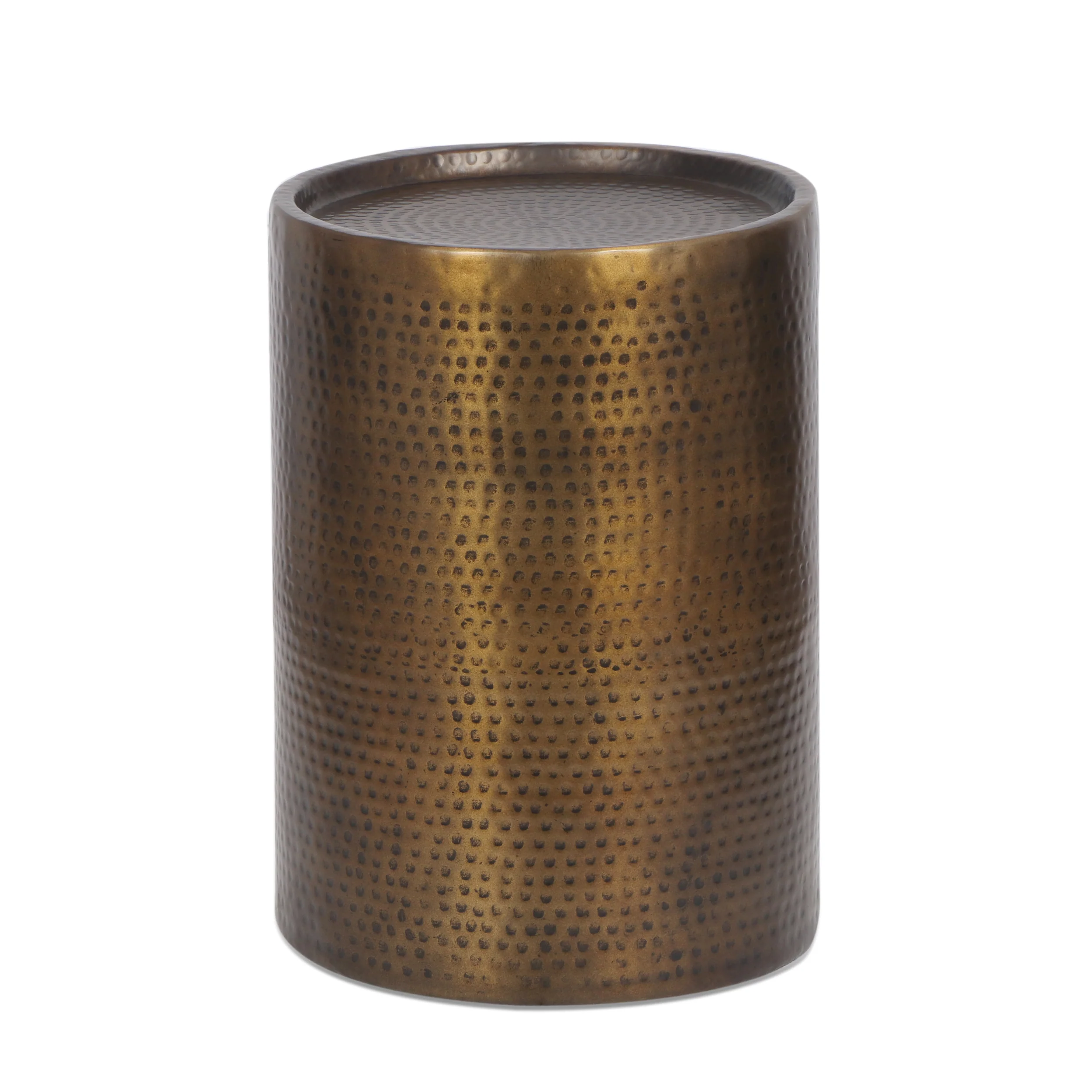 Wurtz Modern Handcrafted Hammered Aluminum Drum Side Table, Aged Brass - furnishings