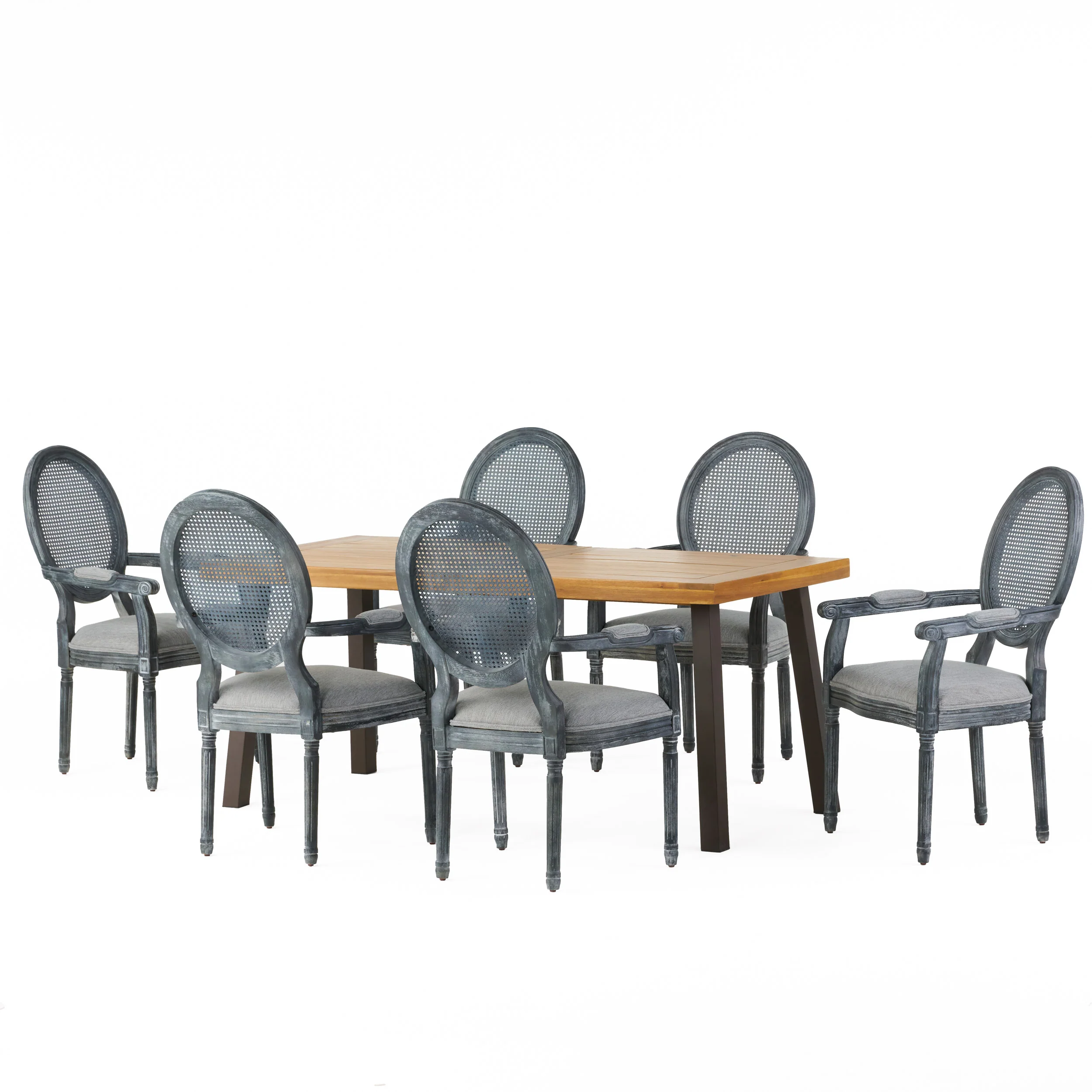 Trillium Farmhouse Fabric Upholstered Wood and Cane 7 Piece Dining Set, Natural, Rustic Metal, and Gray - furnishings