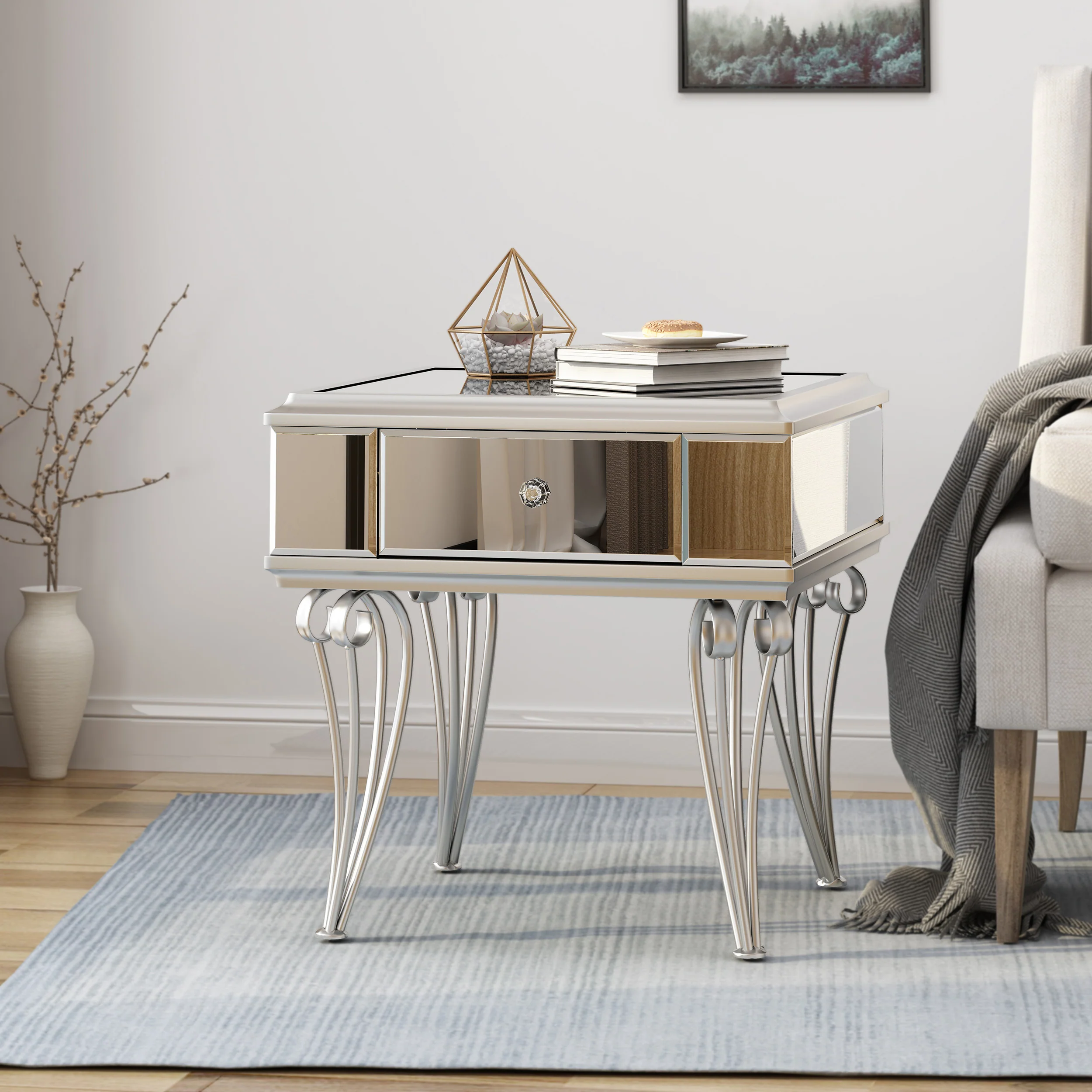 Mamie Modern Mirrored Accent Table with Drawer, Tempered Glass - furnishings