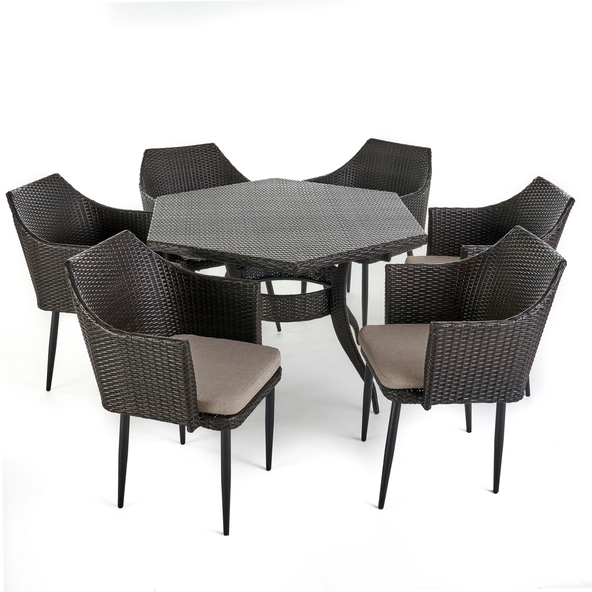 Andre Outdoor 7 Piece Wicker Hexagon Dining Set with Water Resistant Cushions - furnishings