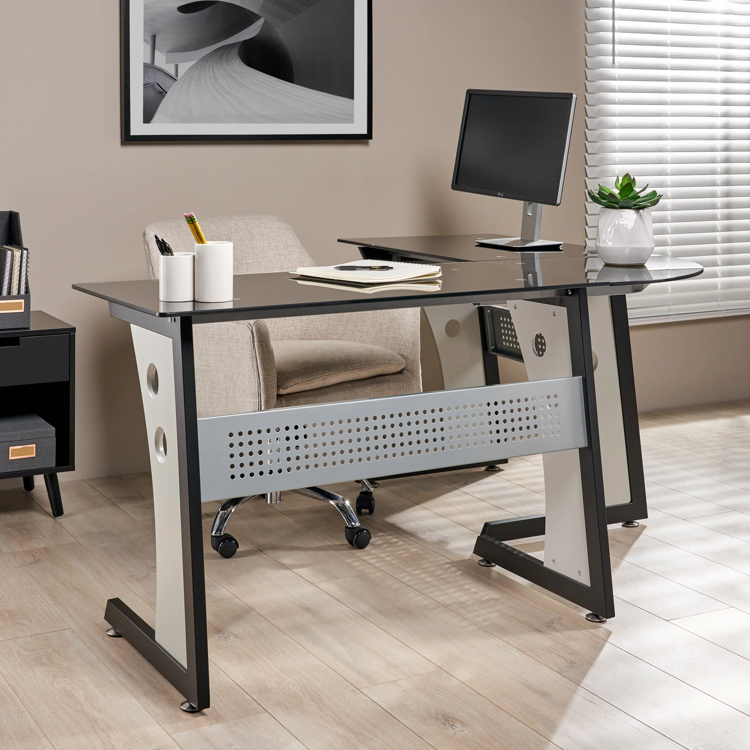 Orion Modern L-Shaped Black and Gray Iron Office Desk with Tempered Glass Top - furnishings
