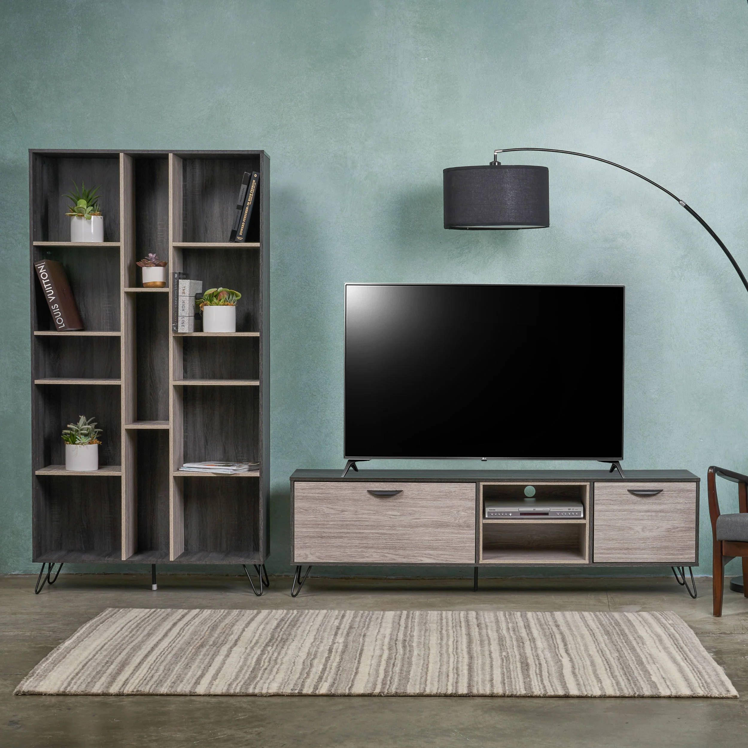 Faithe Mid Century Modern 2 Piece TV Stand & Bookcase Set - furnishings