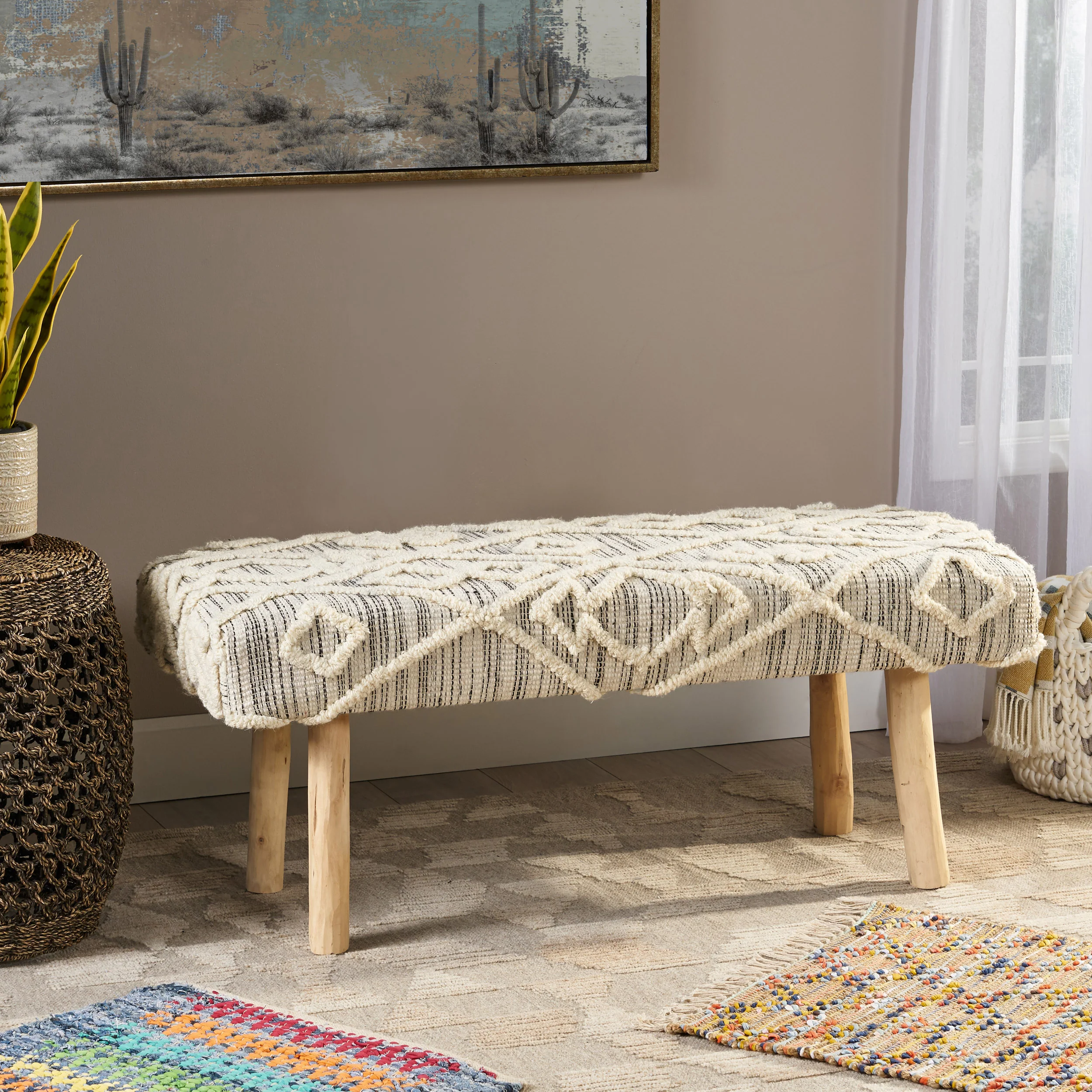 Carrera Handcrafted Boho Rectangular Wool & Fabric Bench - furnishings