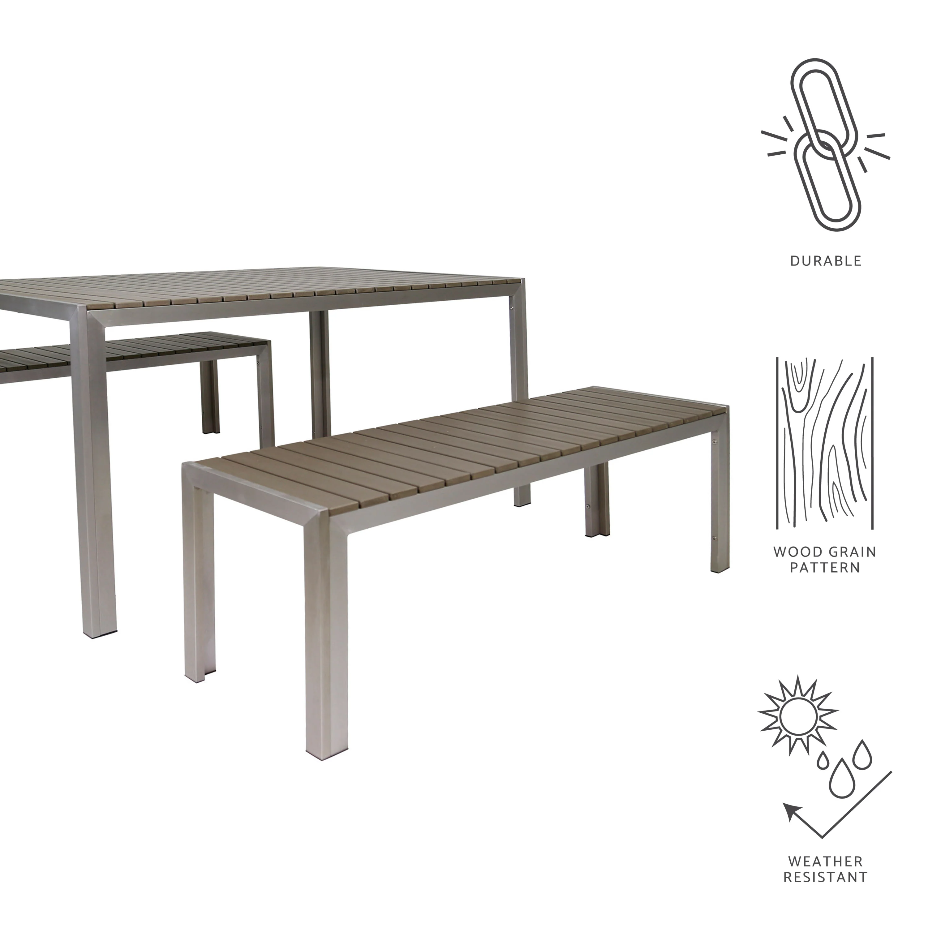Butler Outdoor Aluminum Picnic Set with Faux Wood Top, Silver and Natural - furnishings