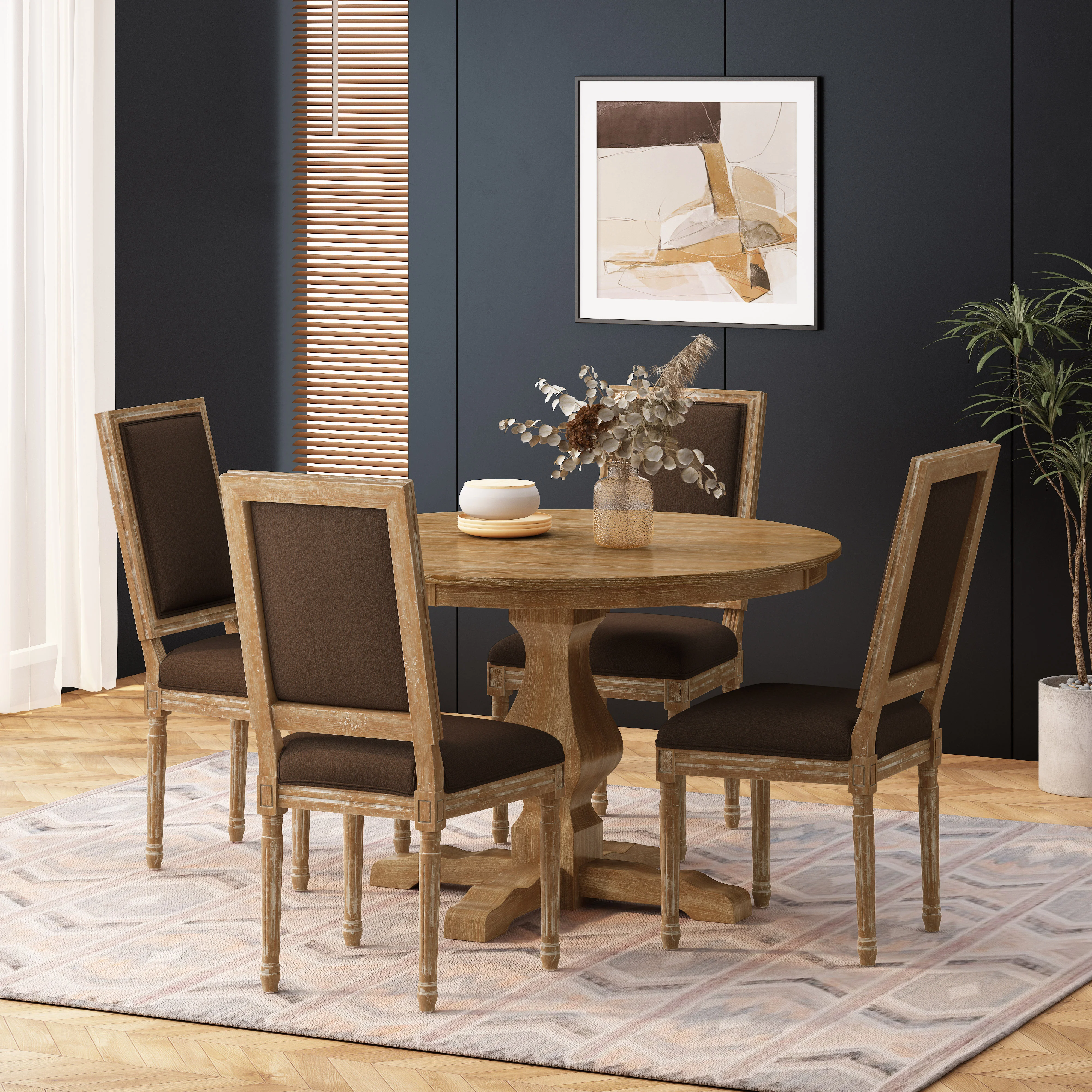 Merlene French Country Fabric Upholstered Wood 5 Piece Circular Dining Set - furnishings