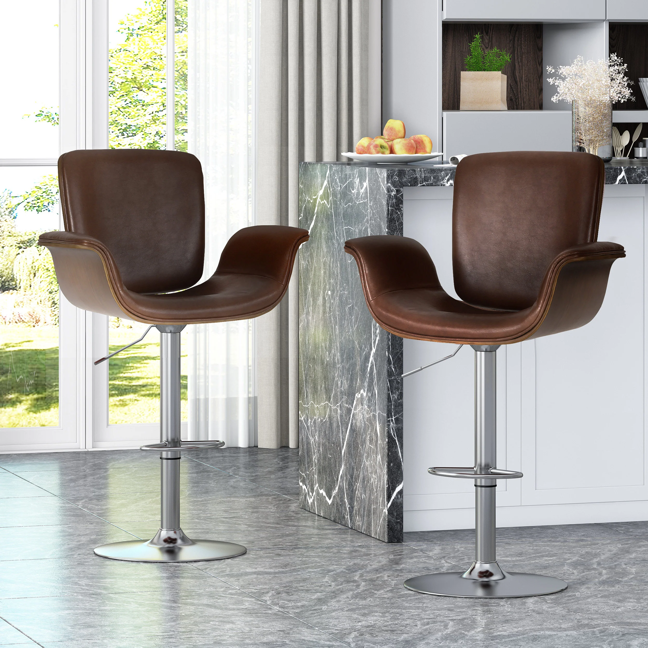 Canyon Mid Century Modern Bentwood Adjustable Swivel Barstools, Set of 2 - furnishings