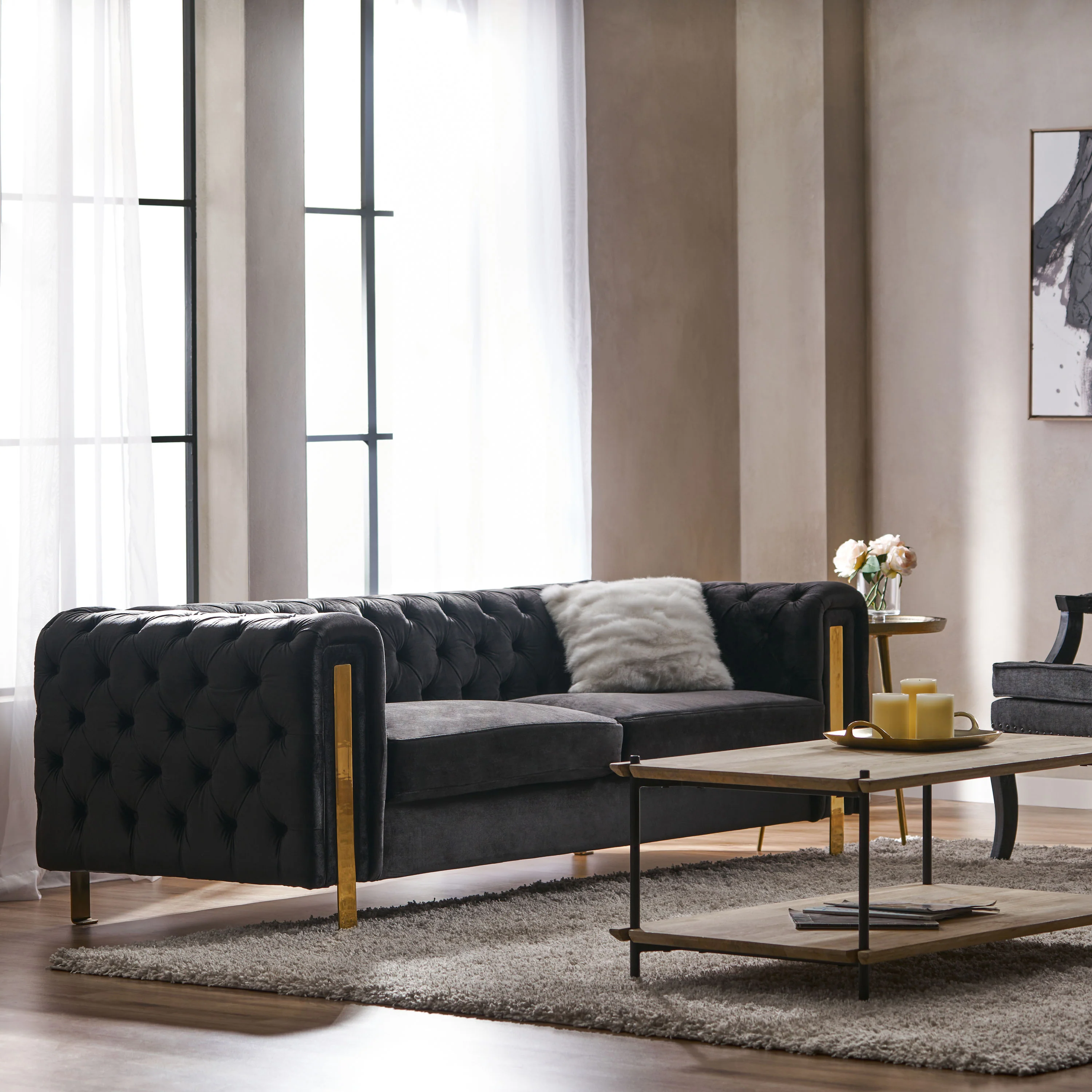 Giovanna Modern Glam Tufted Velvet 3 Seater Sofa - furnishings