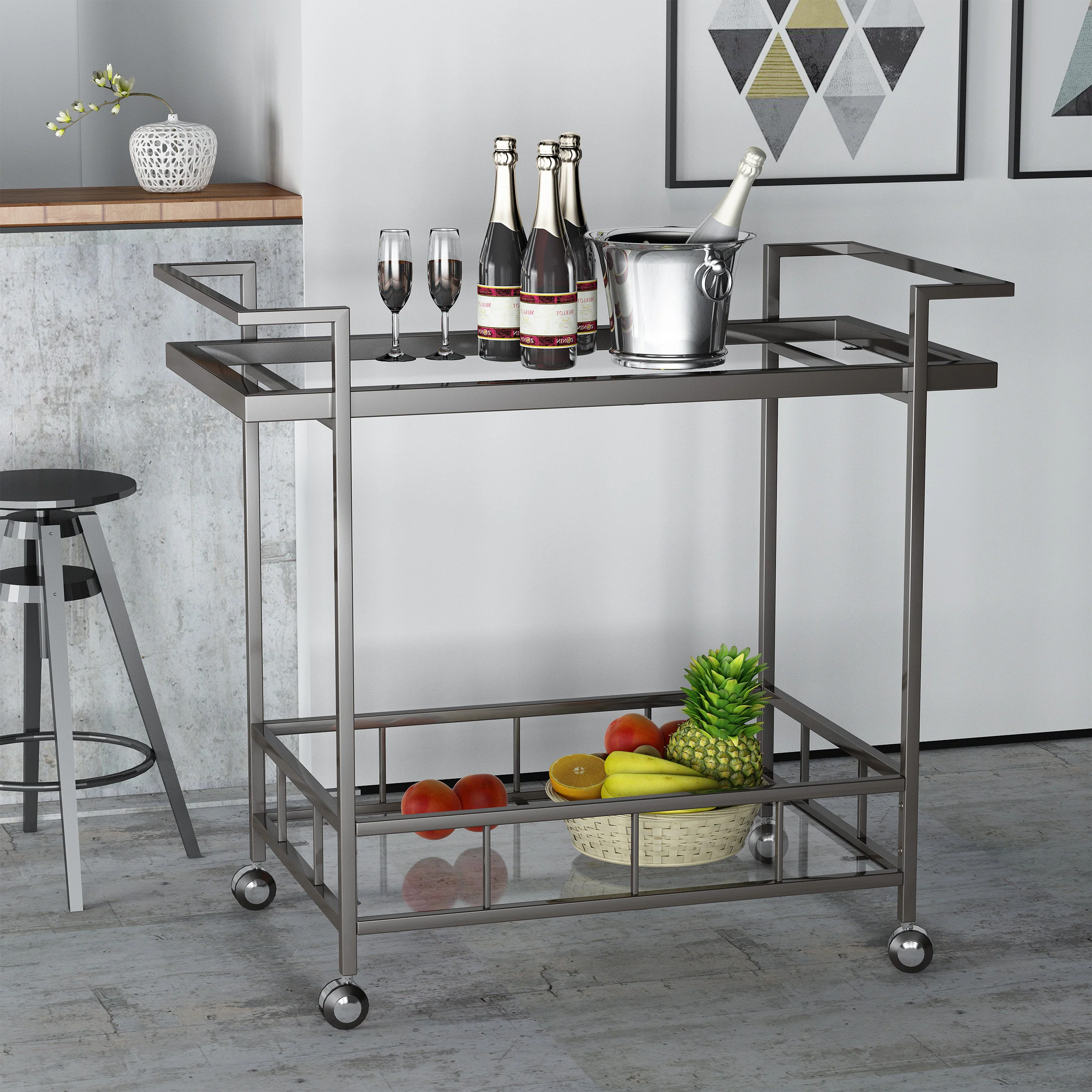 Brose Indoor Industrial Black Iron Bar Cart with Tempered Glass Shelves - furnishings