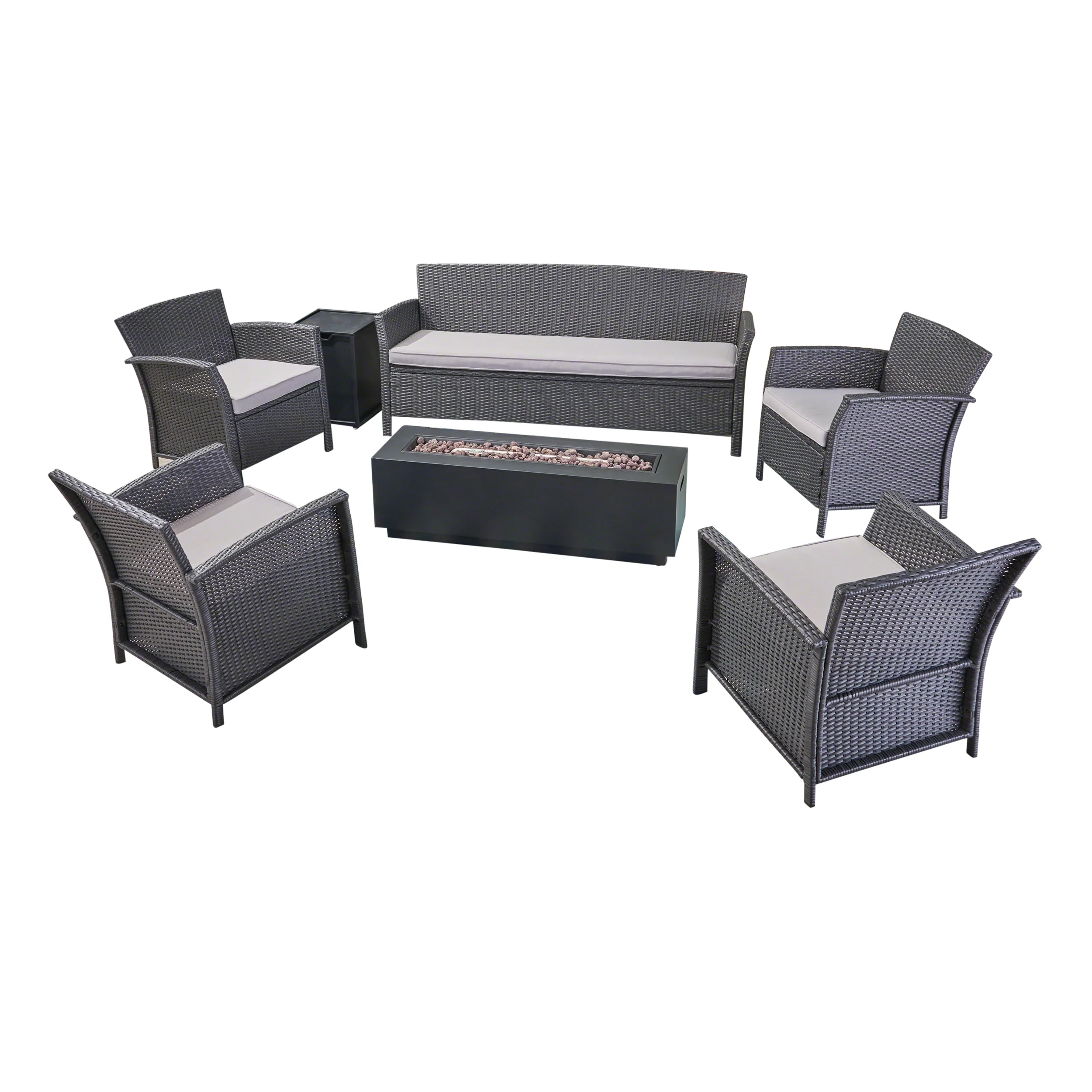 Mason Outdoor 7 Seater Wicker Chat Set with Fire Pit, Gray and Silver and Dark Gray - furnishings