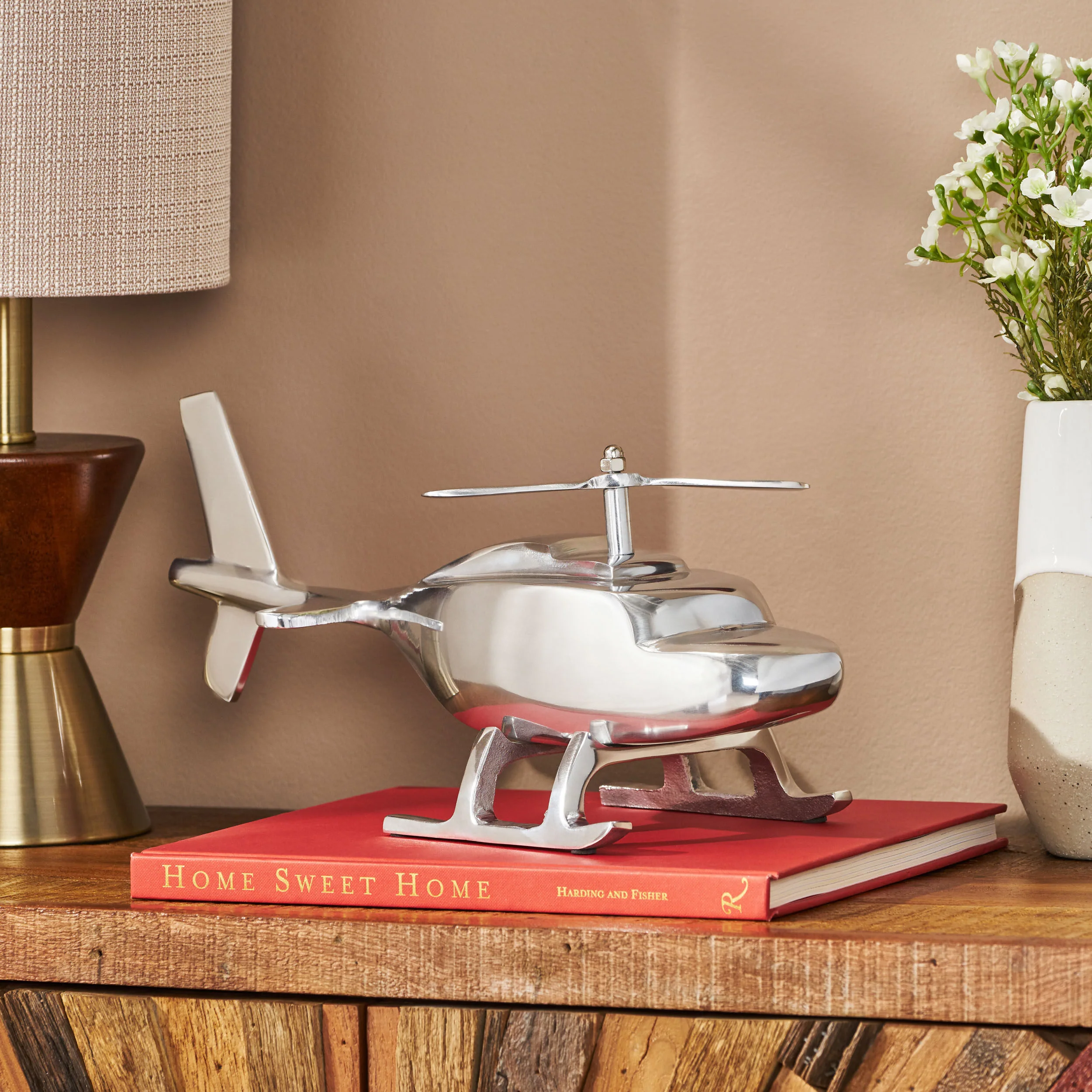 Bucyrus Handcrafted Aluminum Helicopter Decor, Silver - furnishings