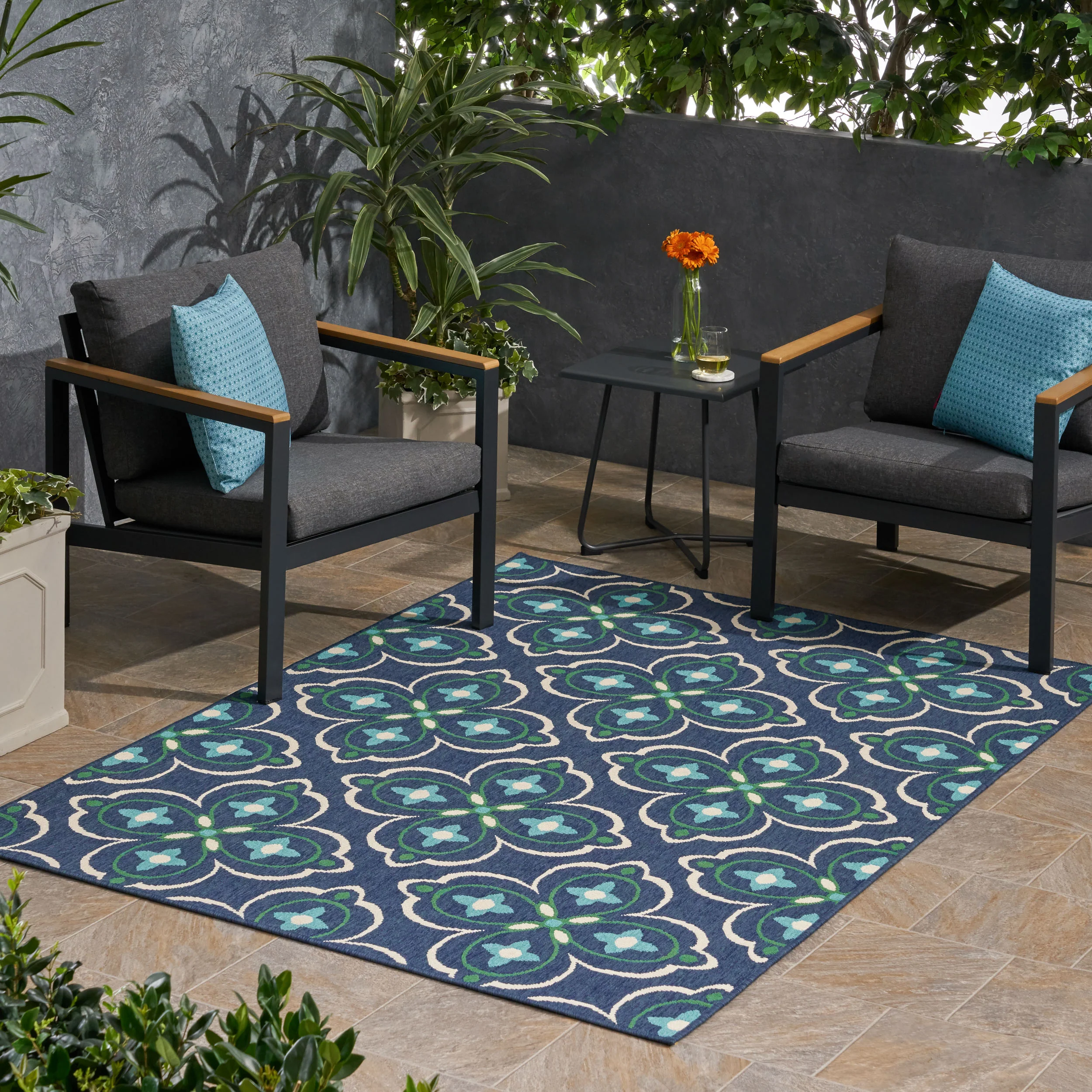 Tina Outdoor Medallion Area Rug, Blue and Green - furnishings