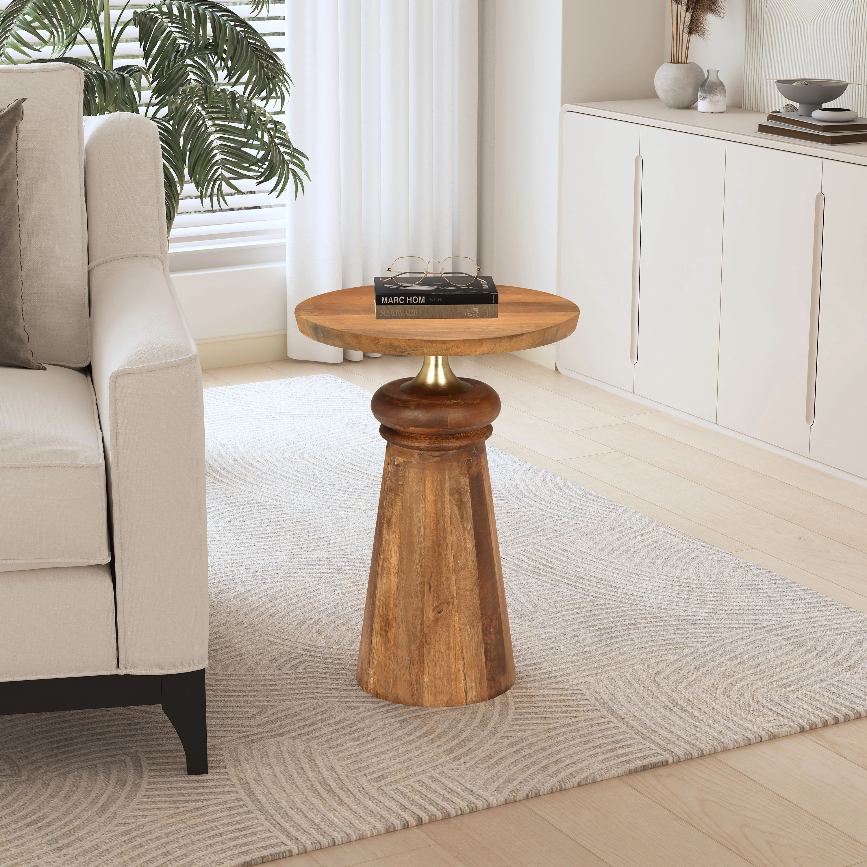 Caelume Round Pedestal Side End Table, Gold + Natural - furnishings