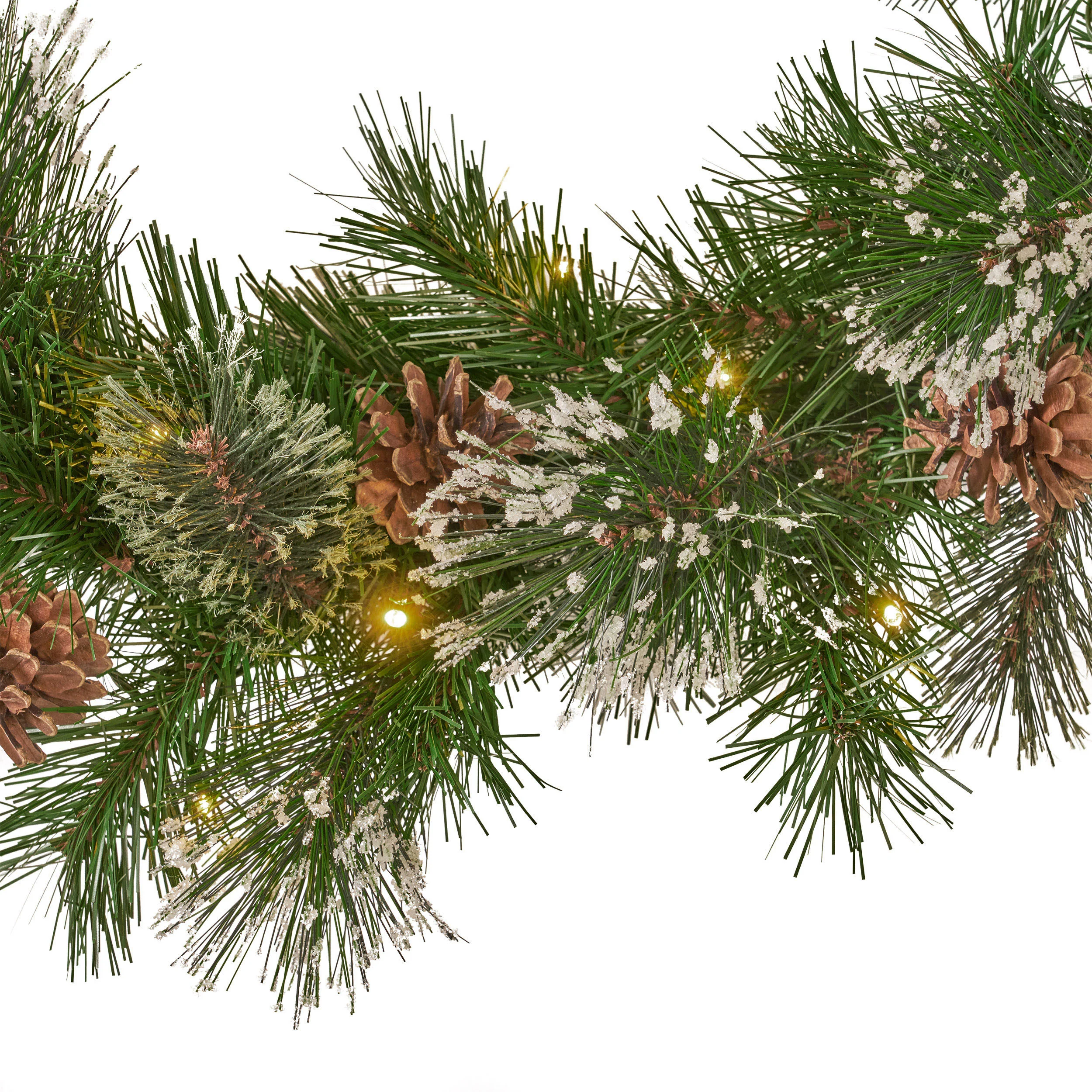 9-foot Mixed Spruce Pre-Lit Warm White LED Artificial Christmas Garland with Snowy Branches and Pinecones - furnishings