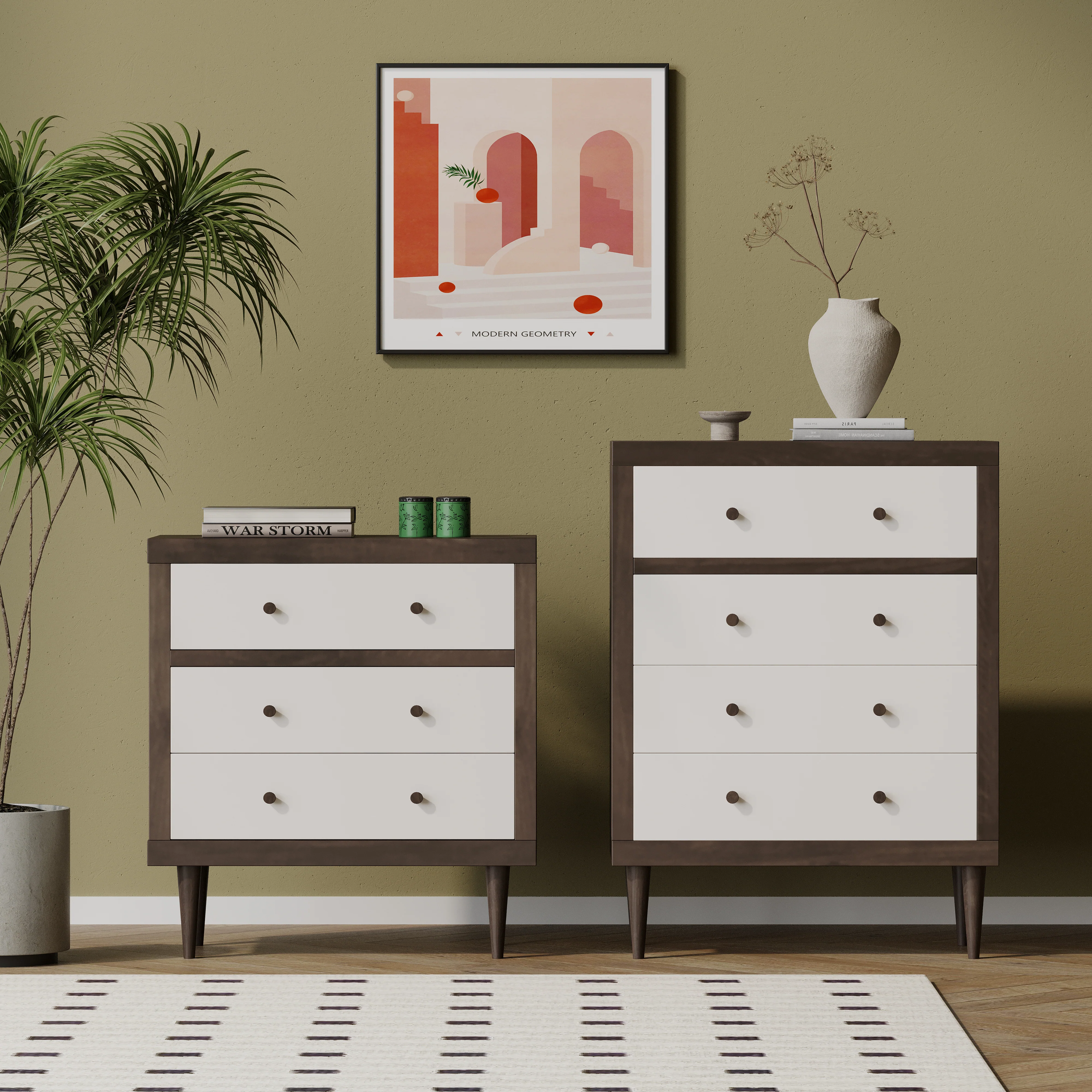 Farhart Mid Century Modern 2 Piece 3 Drawer Chest and 4 Drawer Dresser Bedroom Set - furnishings