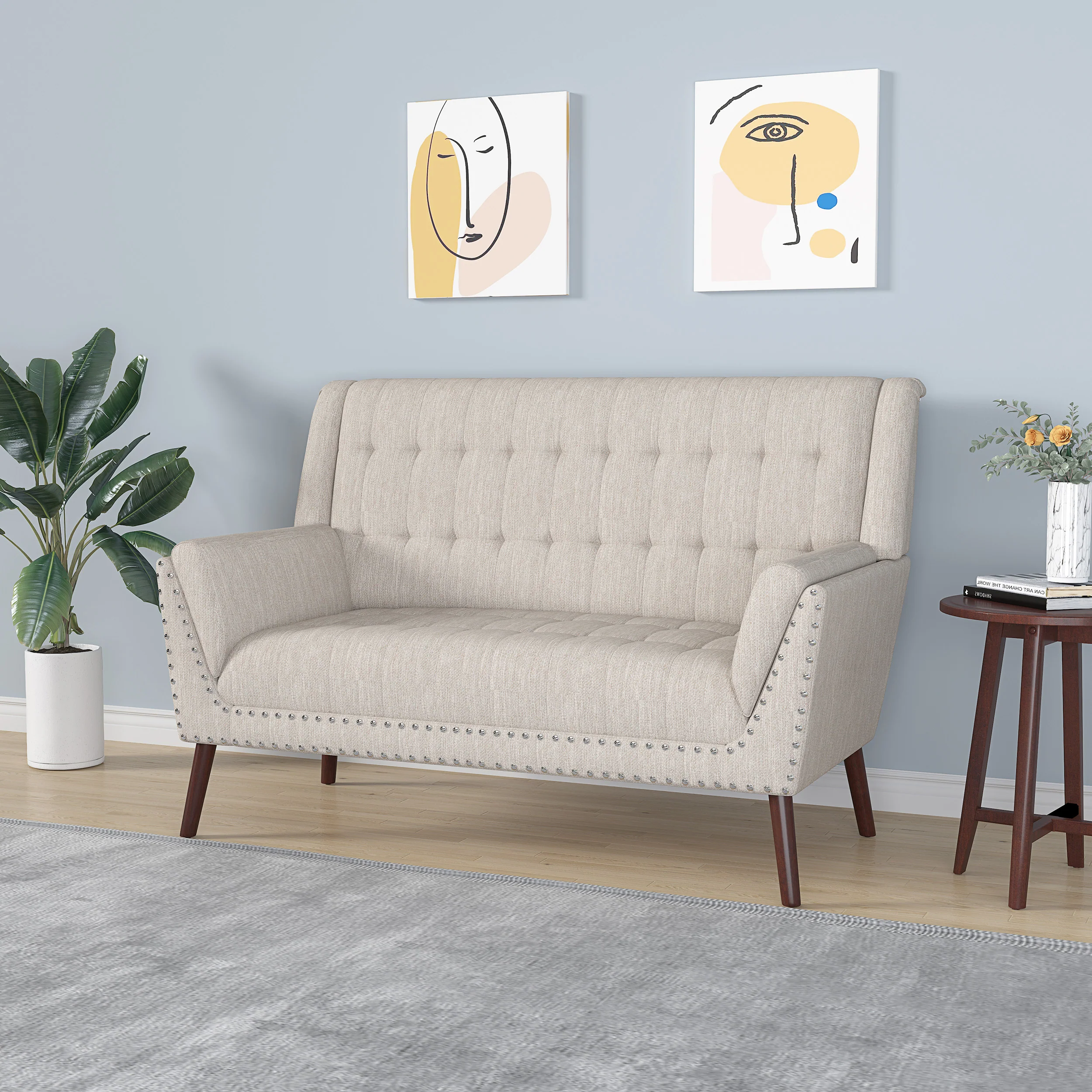 Marla Mid-Century Modern High Back Fabric Settee with Nailhead Trim - furnishings