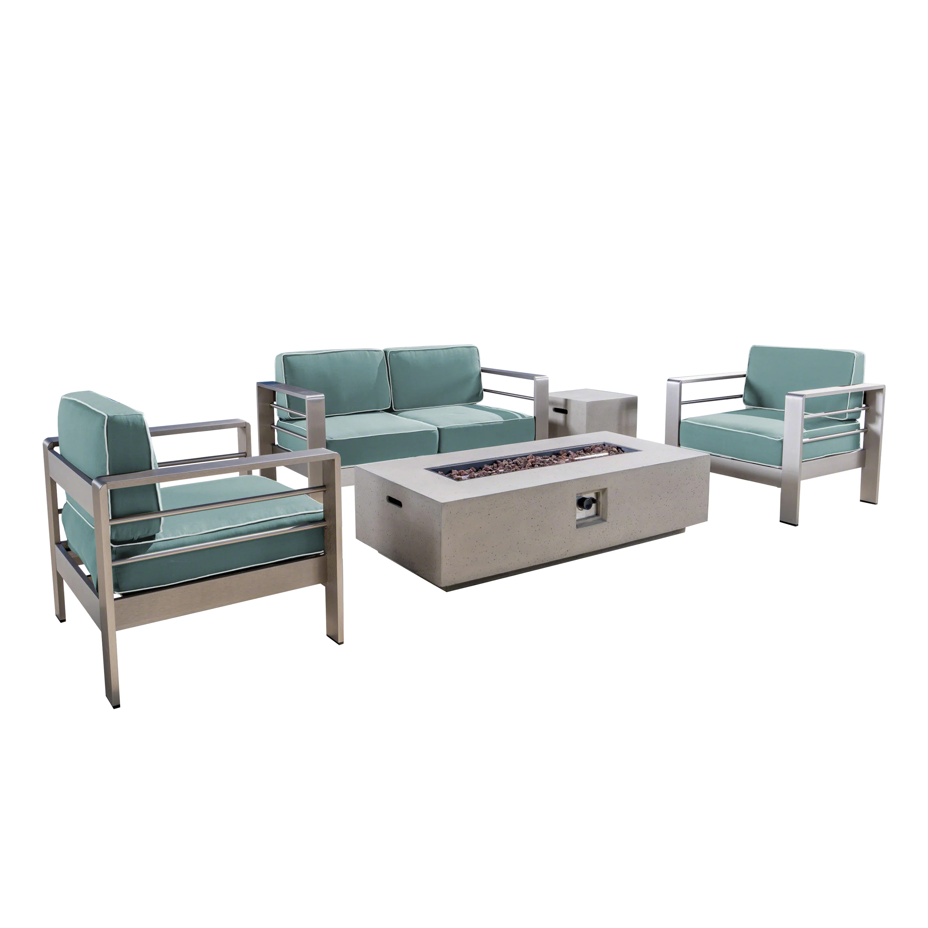 Crested Bay 5pc Modern Outdoor Aluminum Sofa & Chairs Set With Fire Pit - furnishings