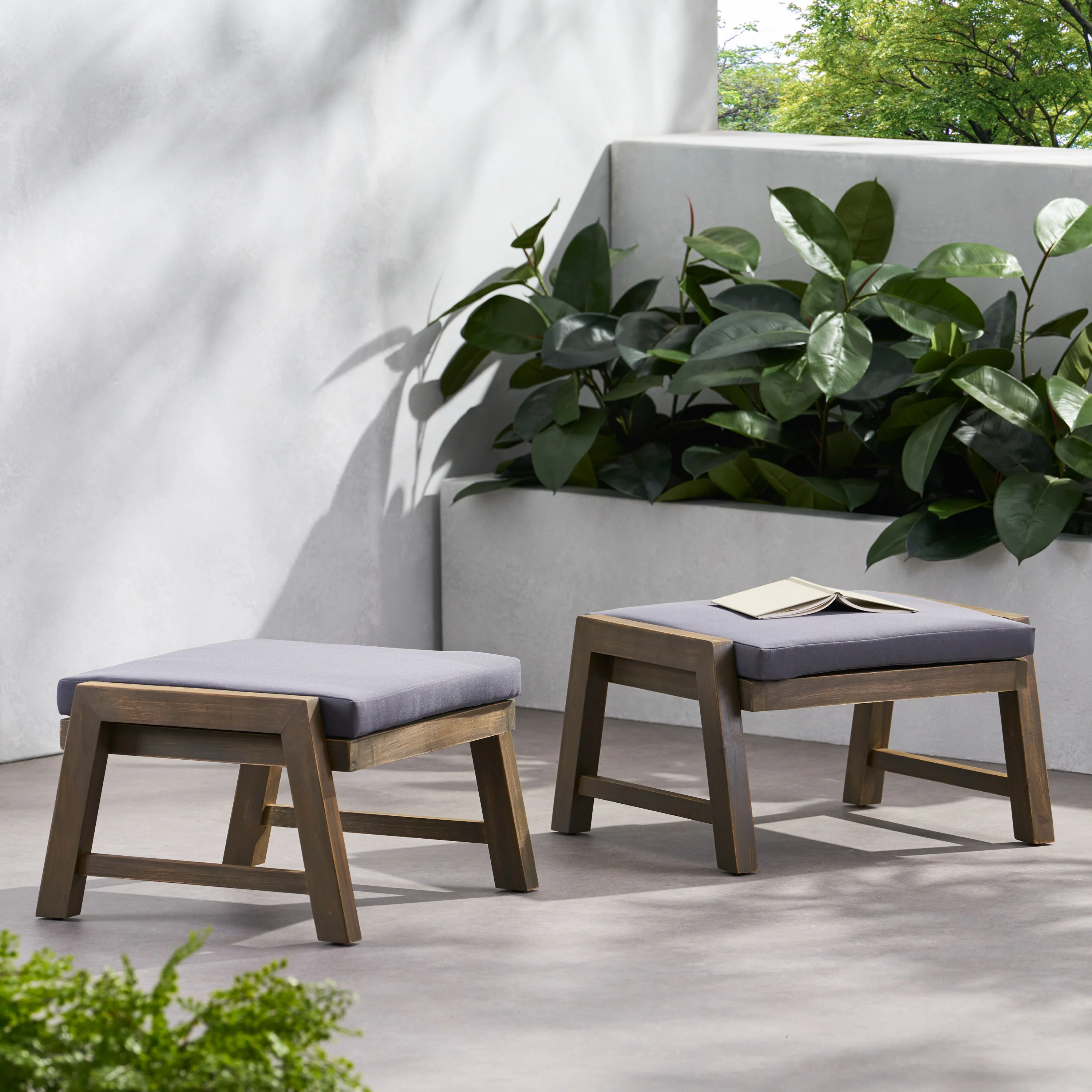 Avacyn Outdoor Acacia Wood Ottomans with Cushion, Set of 2 - furnishings
