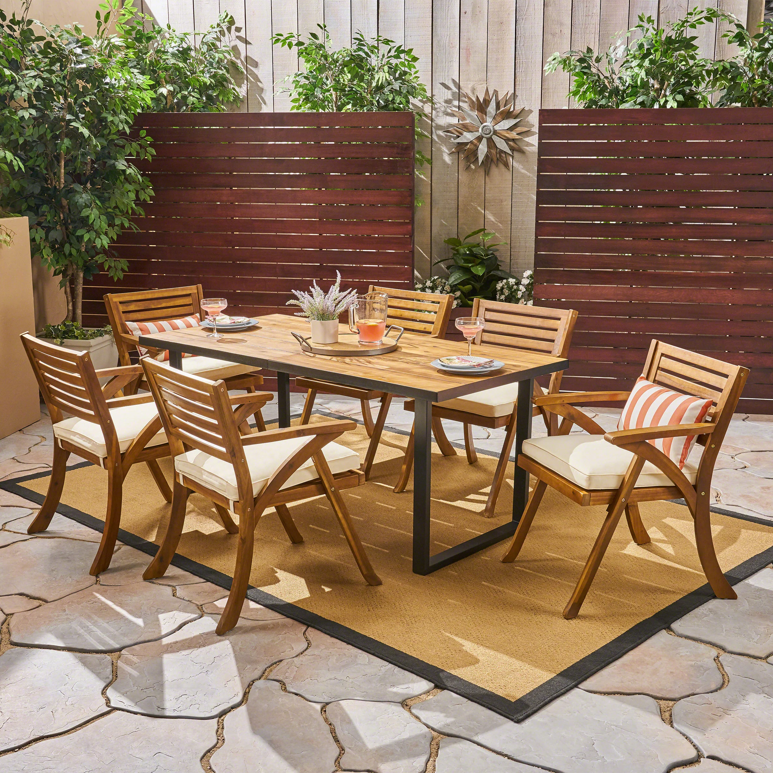Daisy Outdoor 6-Seater Rectangular Acacia Wood and Iron Dining Set, Teak with Black and Cream - furnishings