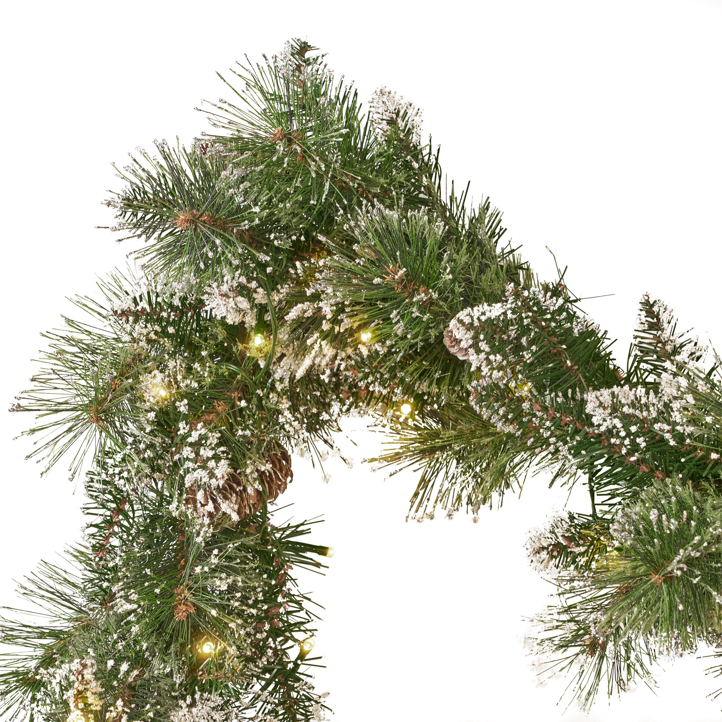 9-foot Cashmere Pine and Mixed Needle Pre-Lit Warm White LED Artificial Christmas Garland with Snow and Glitter Branches and Frosted Pinecones - furnishings