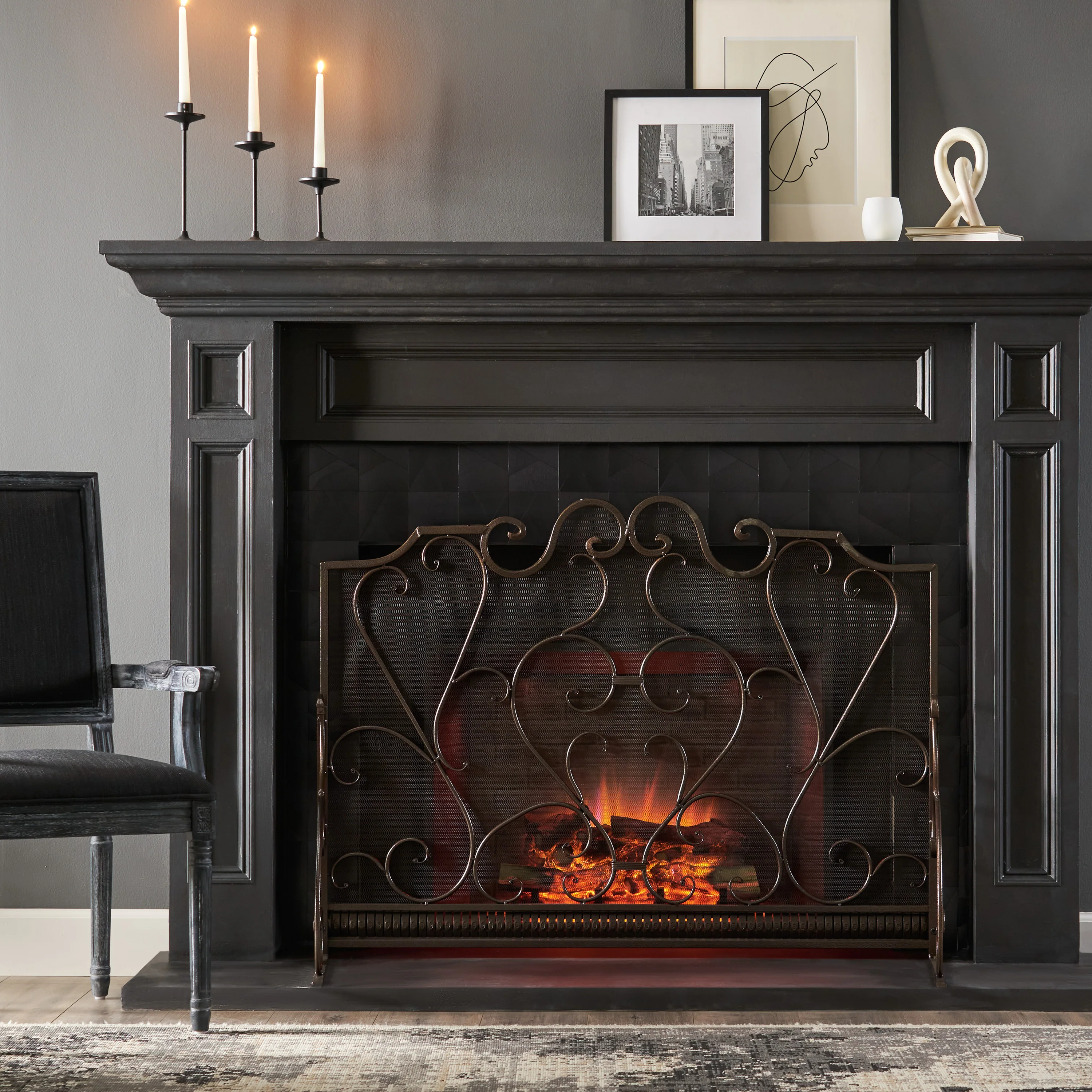 Adalia Black Brushed Gold Finish Wrought Iron Fireplace Screen - furnishings
