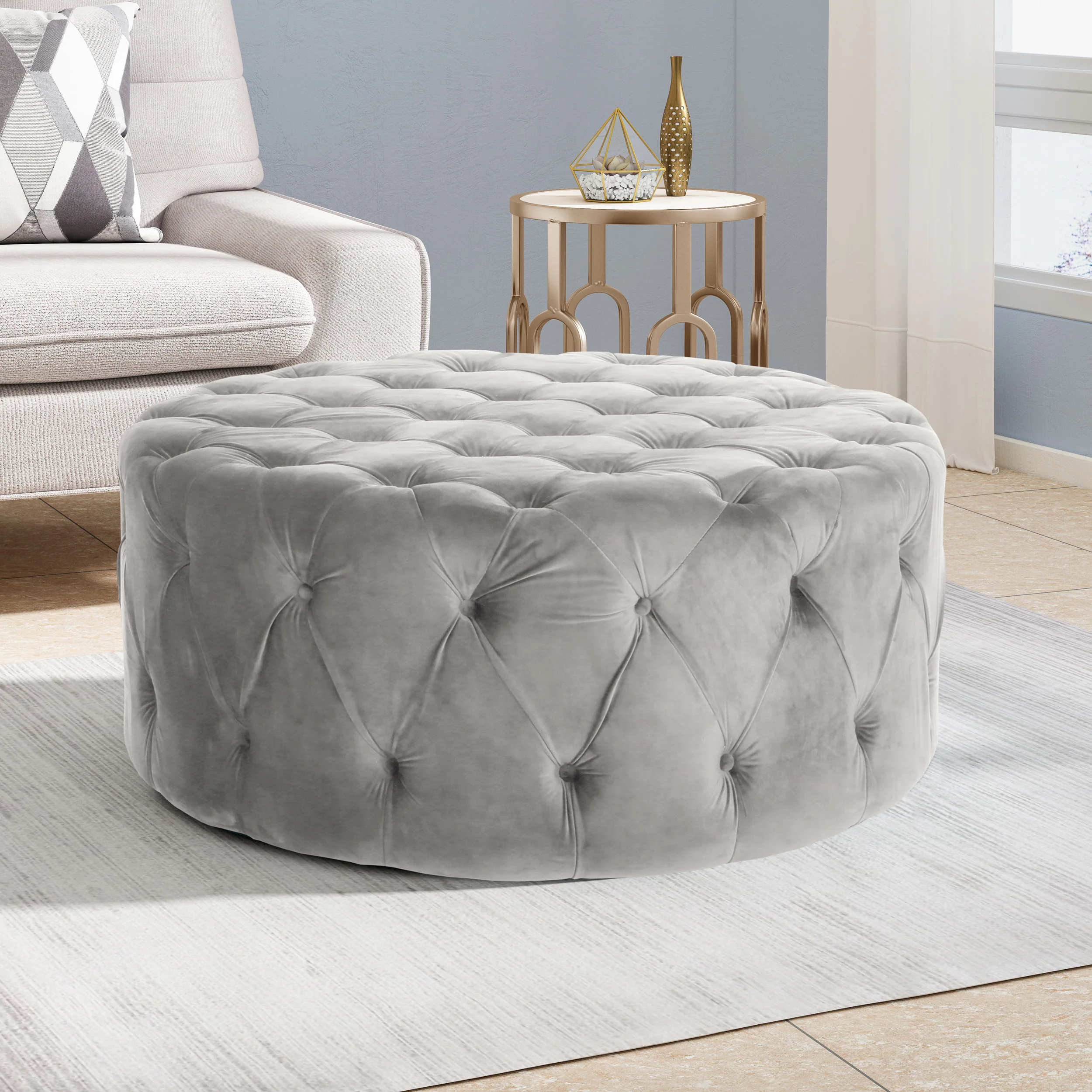 Kaung Modern Glam Round Tufted Velvet Ottoman Coffee Table - furnishings