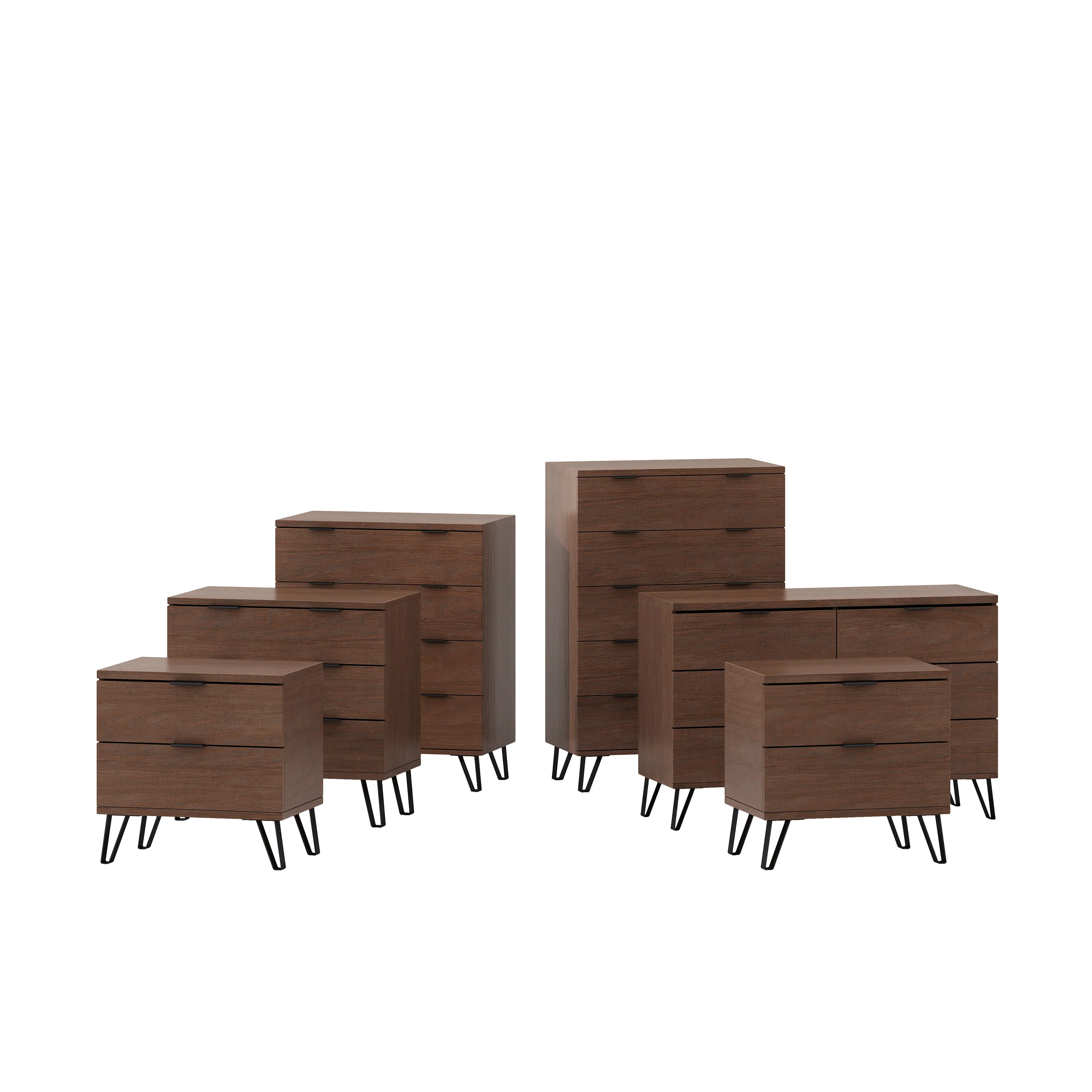Demijen Modern Industrial 6 Piece Bedroom Set with Wide 5 Drawer Dresser, Walnut and Matte Black - furnishings
