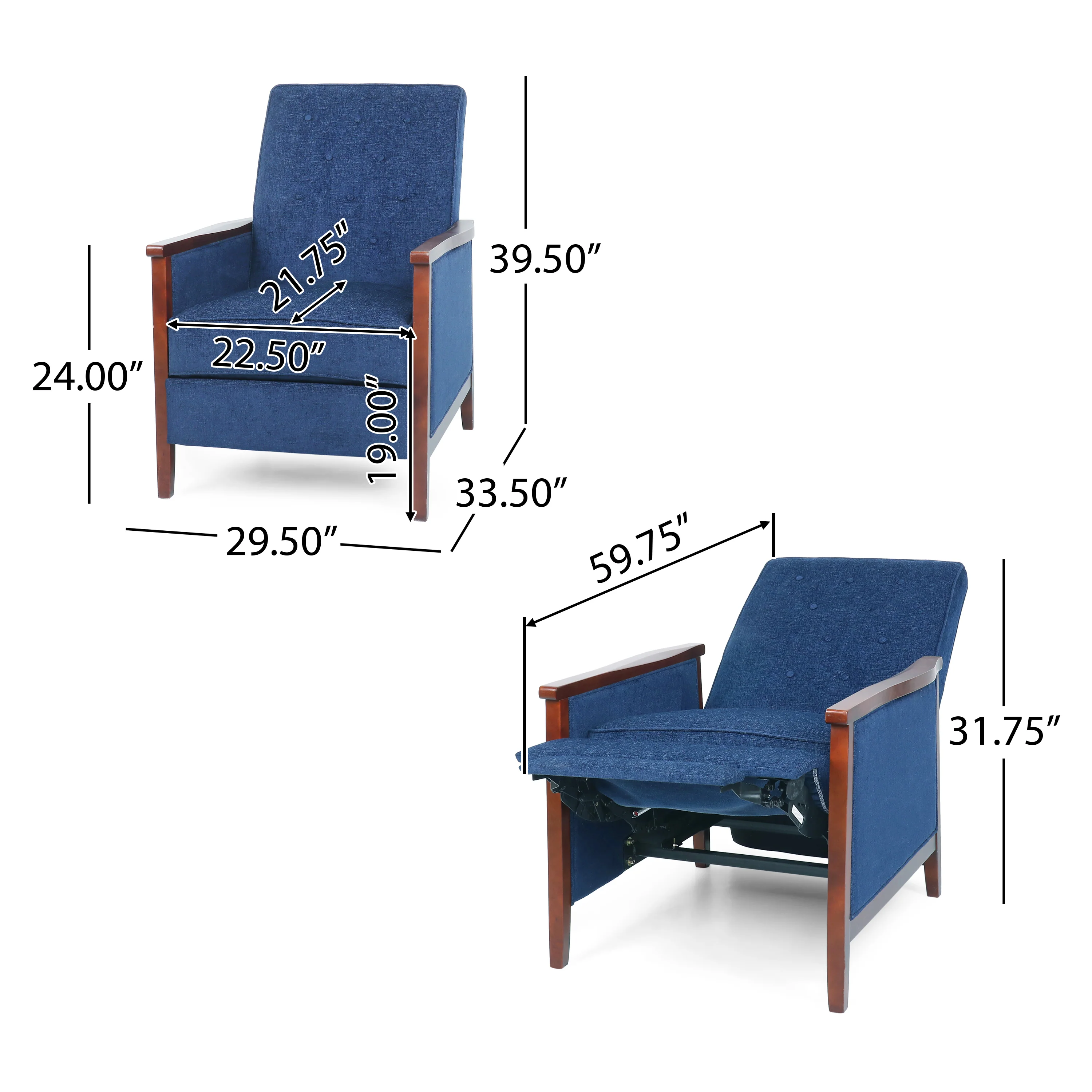Albatros Mid Century Modern Fabric Tufted Wood Pushback Recliner - furnishings