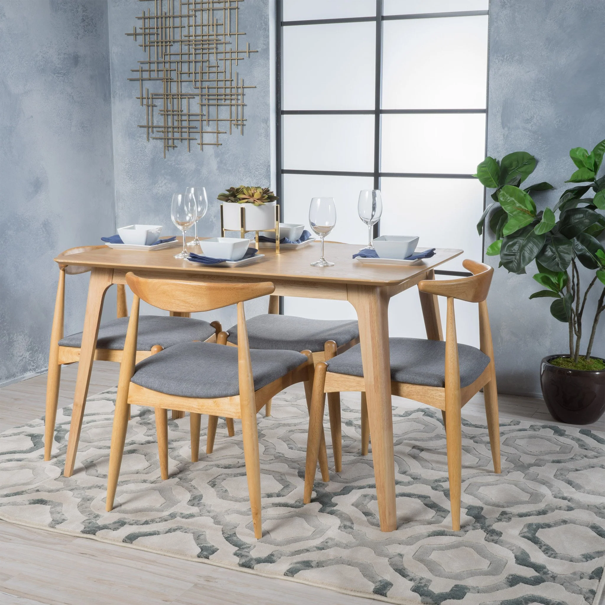 Francaise Mid-Century Oak Finish 5 Piece Dining Set - furnishings